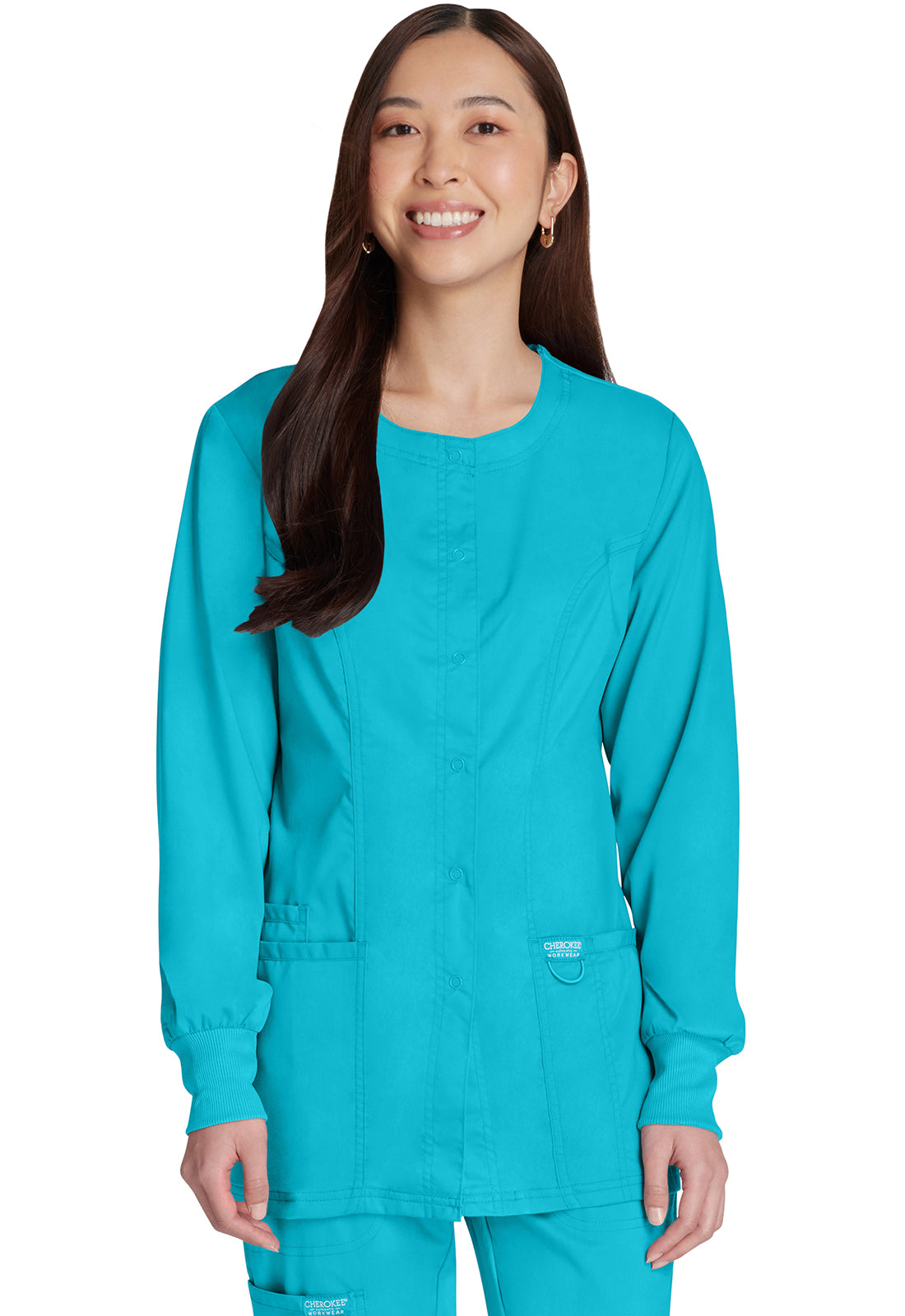 Revolution WW310 Snap Front Jacket Turquoise Model Image Front | Cherokee Workwear