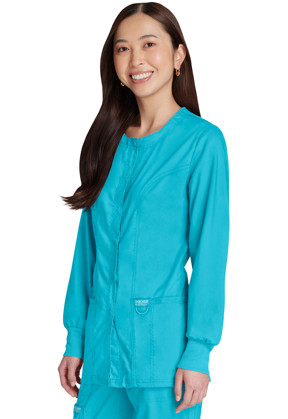 Revolution WW310 Snap Front Jacket Turquoise Model Image Right Side | Cherokee Workwear