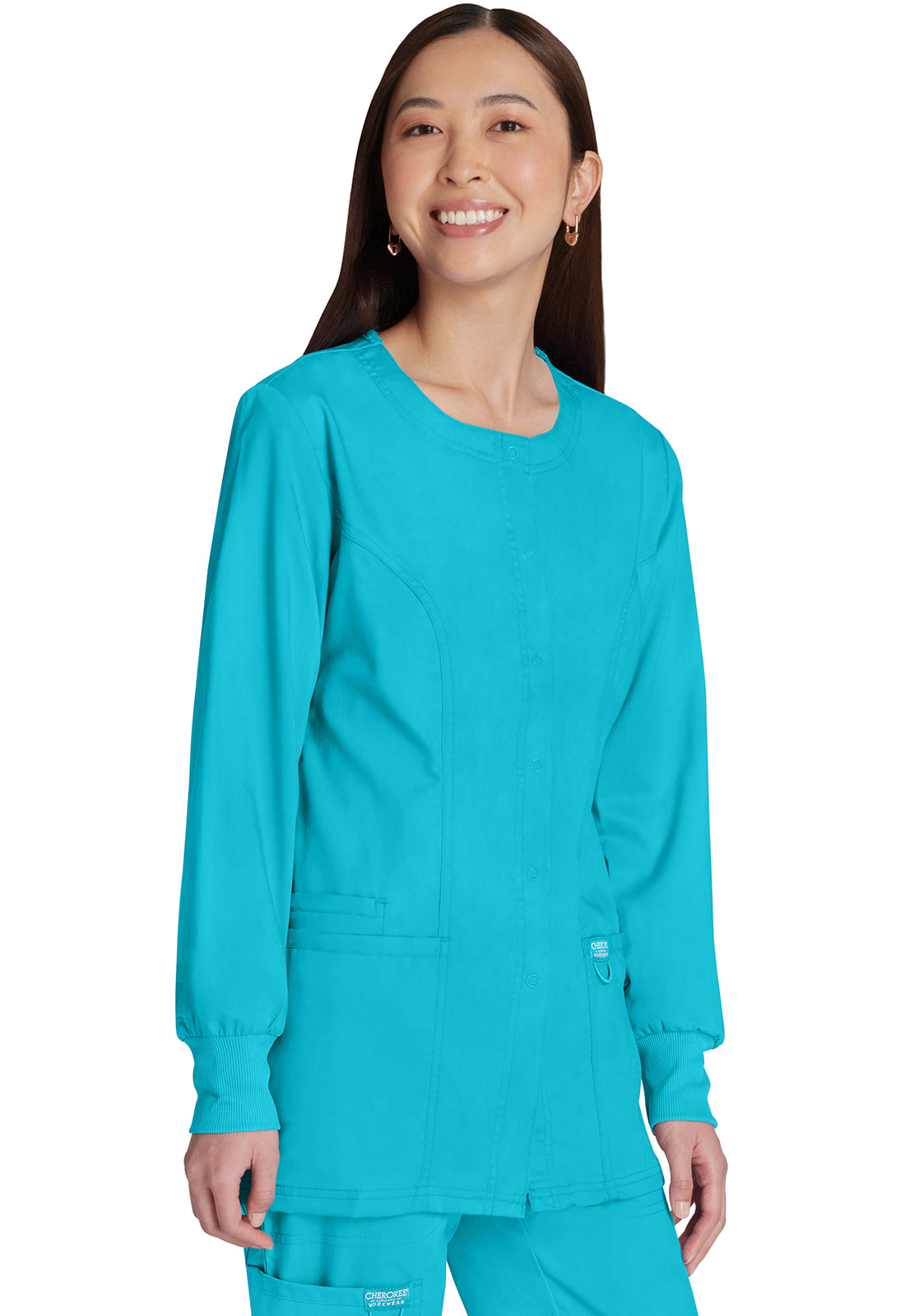 Revolution WW310 Snap Front Jacket Turquoise Model Image Left Side | Cherokee Workwear