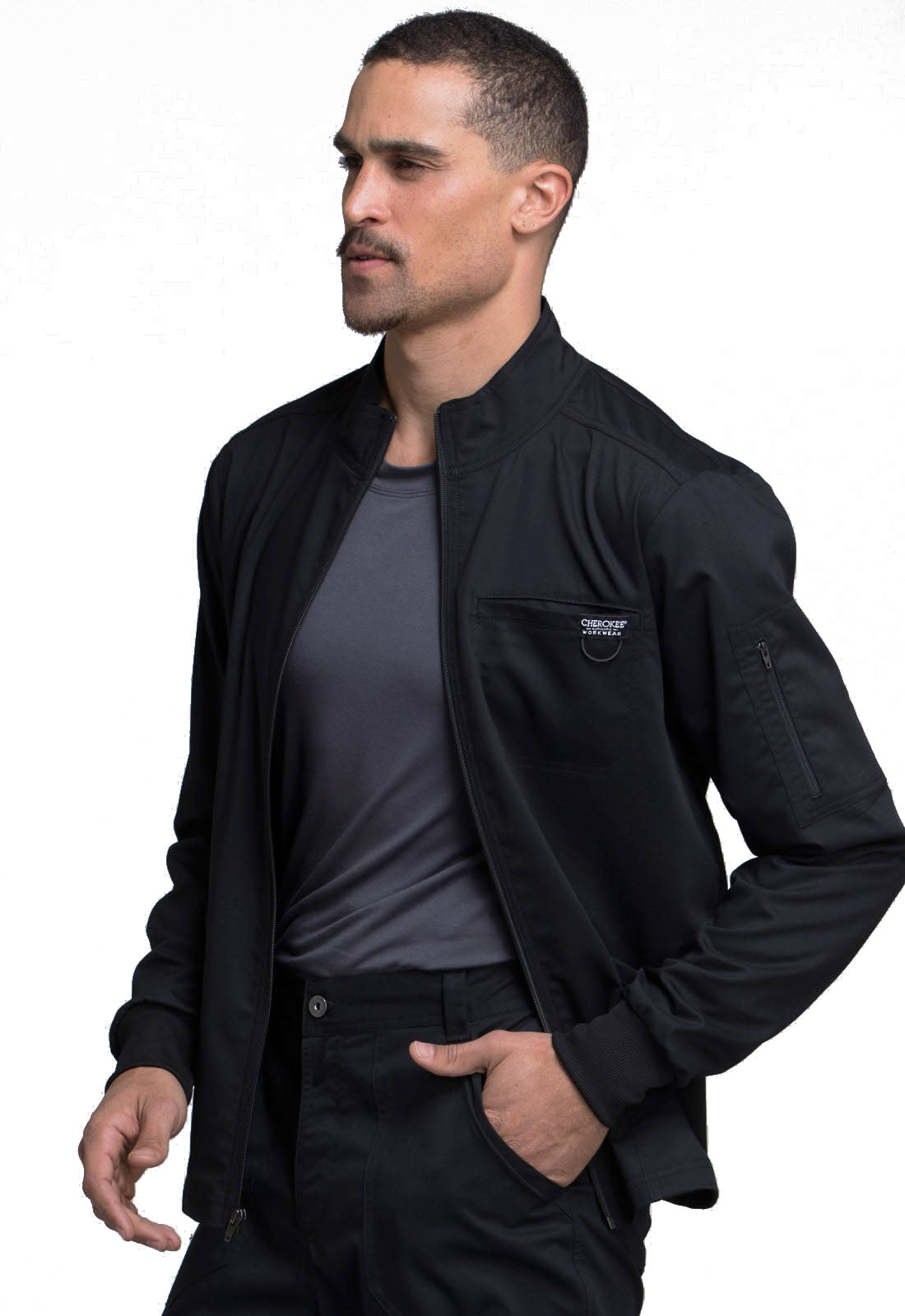 Revolution WW320 Men's Zip Front Jacket Black Model Image Right Side | Cherokee Workwear