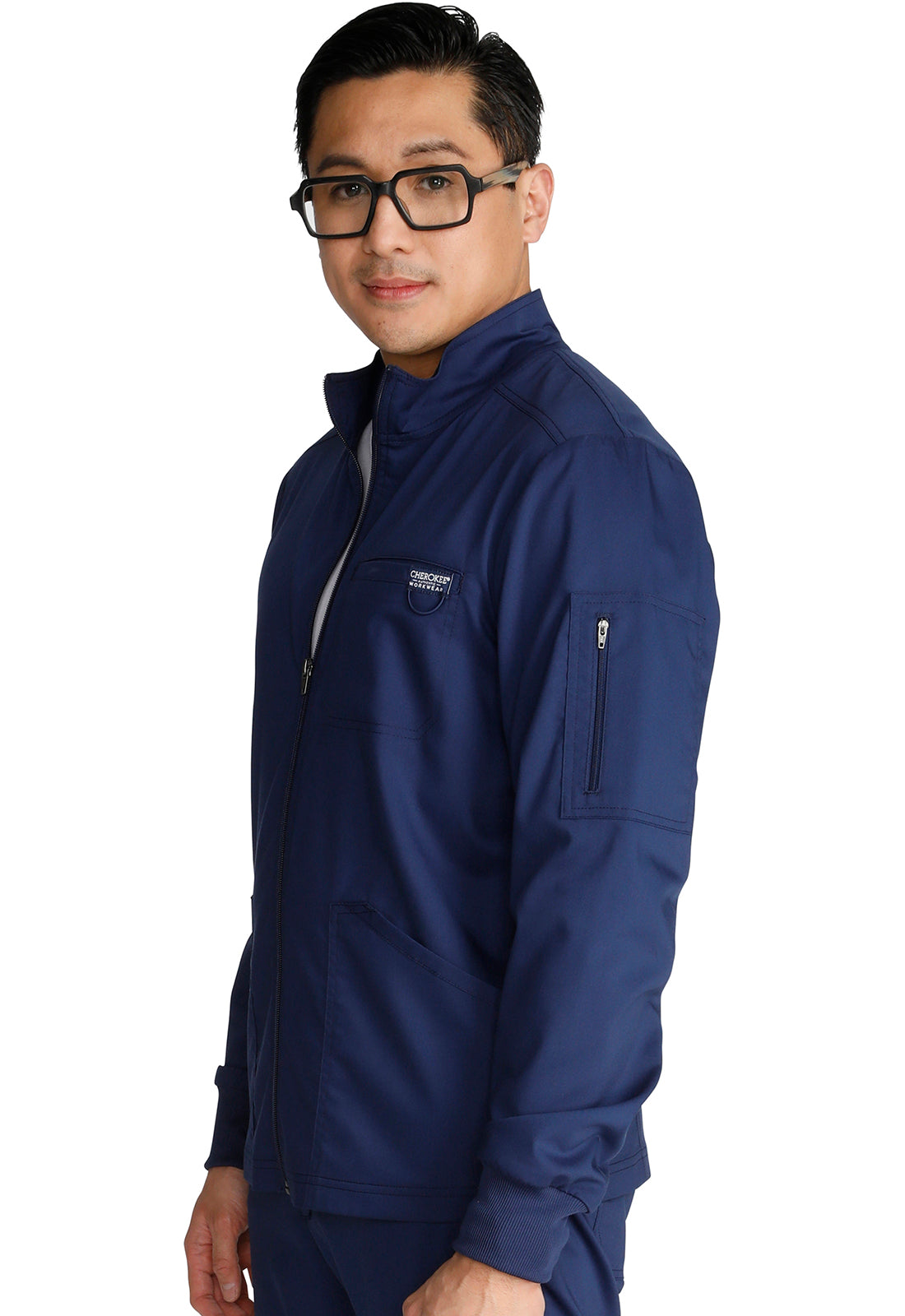 Revolution WW320 Men's Zip Front Jacket Navy Model Image Right Side | Cherokee Workwear