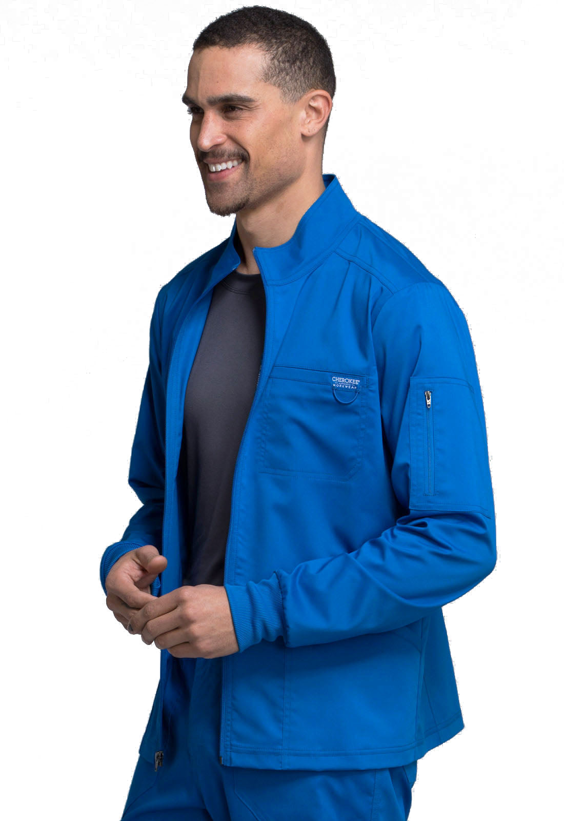 Revolution WW320 Men's Zip Front Jacket Royal Model Image Right Side | Cherokee Workwear