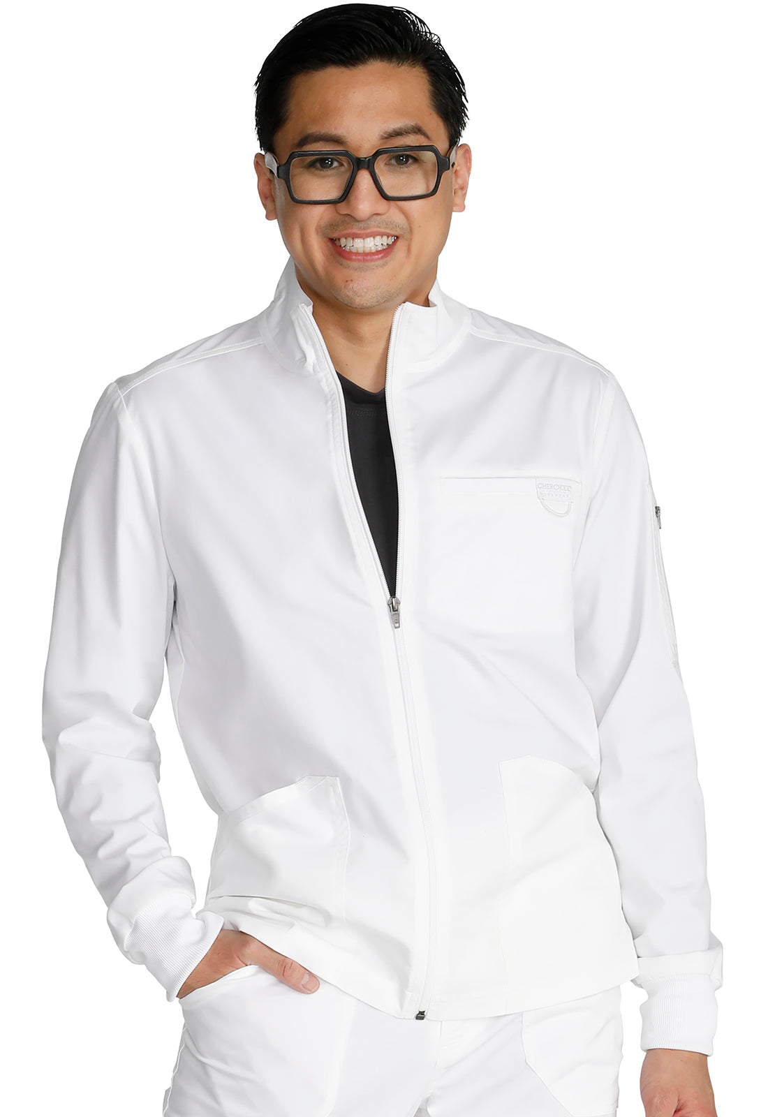 Revolution WW320 Men's Zip Front Jacket White Model Image Front | Cherokee Workwear