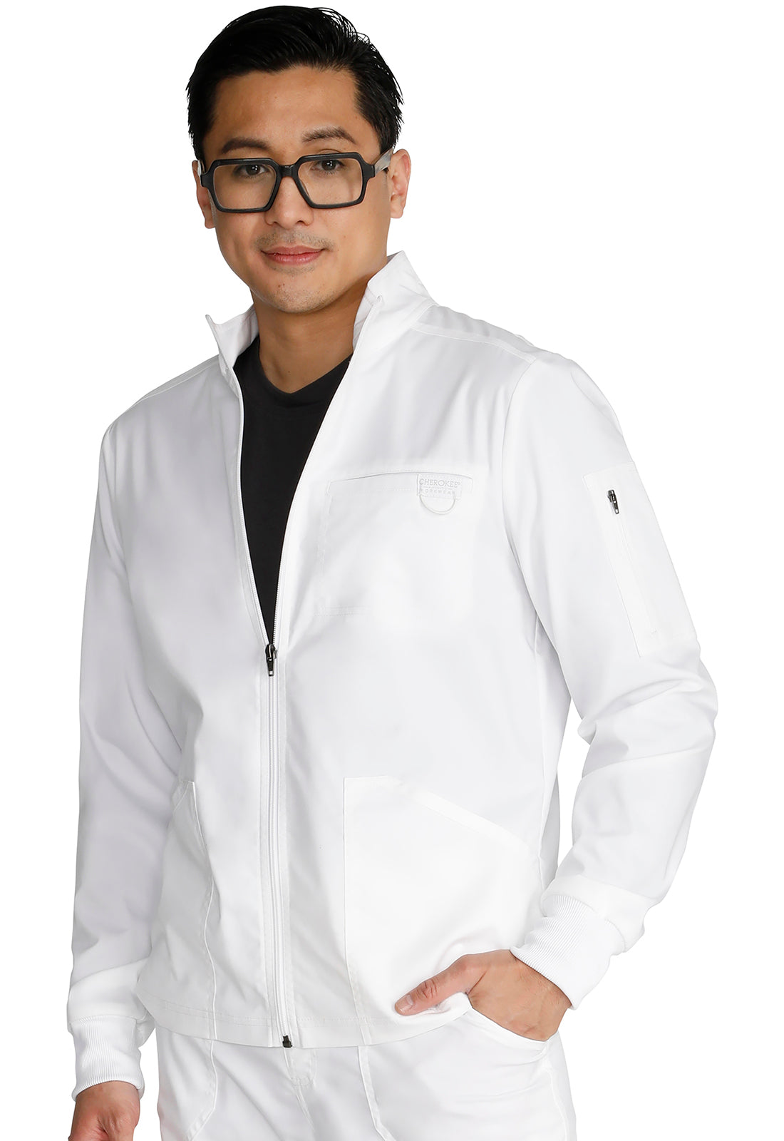 Revolution WW320 Men's Zip Front Jacket White Model Image Right Side | Cherokee Workwear