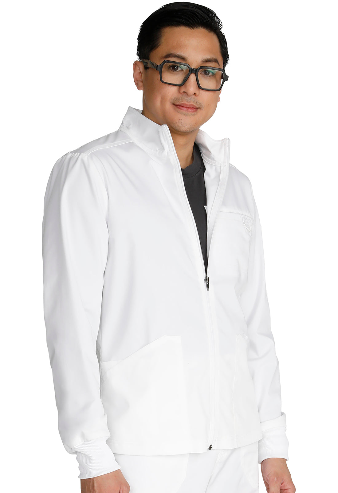 Revolution WW320 Men's Zip Front Jacket White Model Image Left Side | Cherokee Workwear