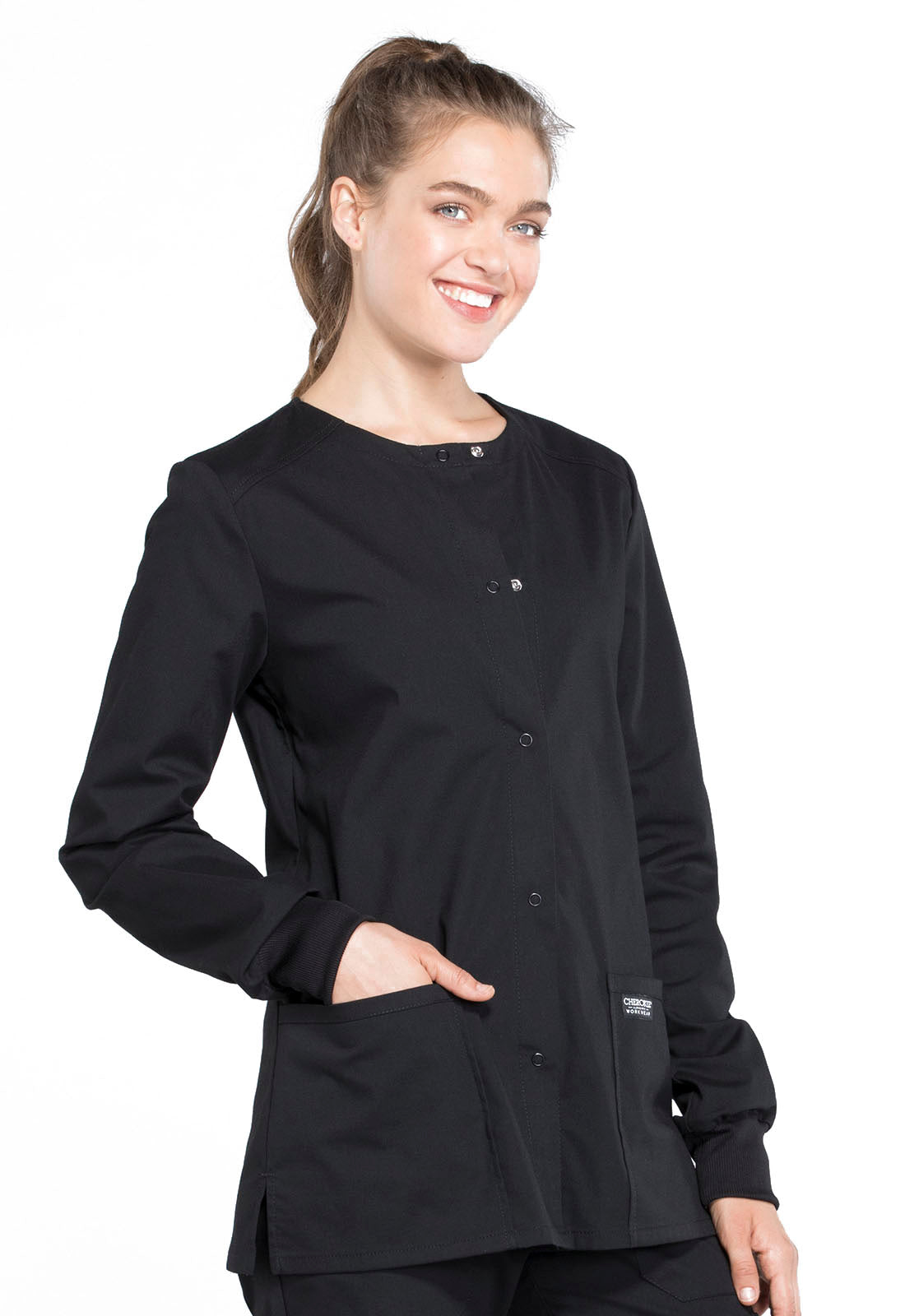 Professionals WW340 Snap Front Jacket Black Model Image Left Side | Cherokee Workwear