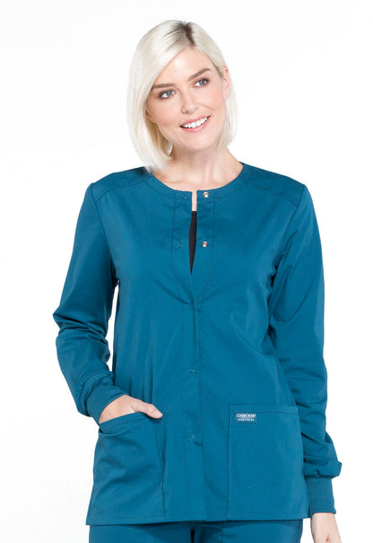 Professionals WW340 Snap Front Jacket Caribbean Blue Model Image Front | Cherokee Workwear