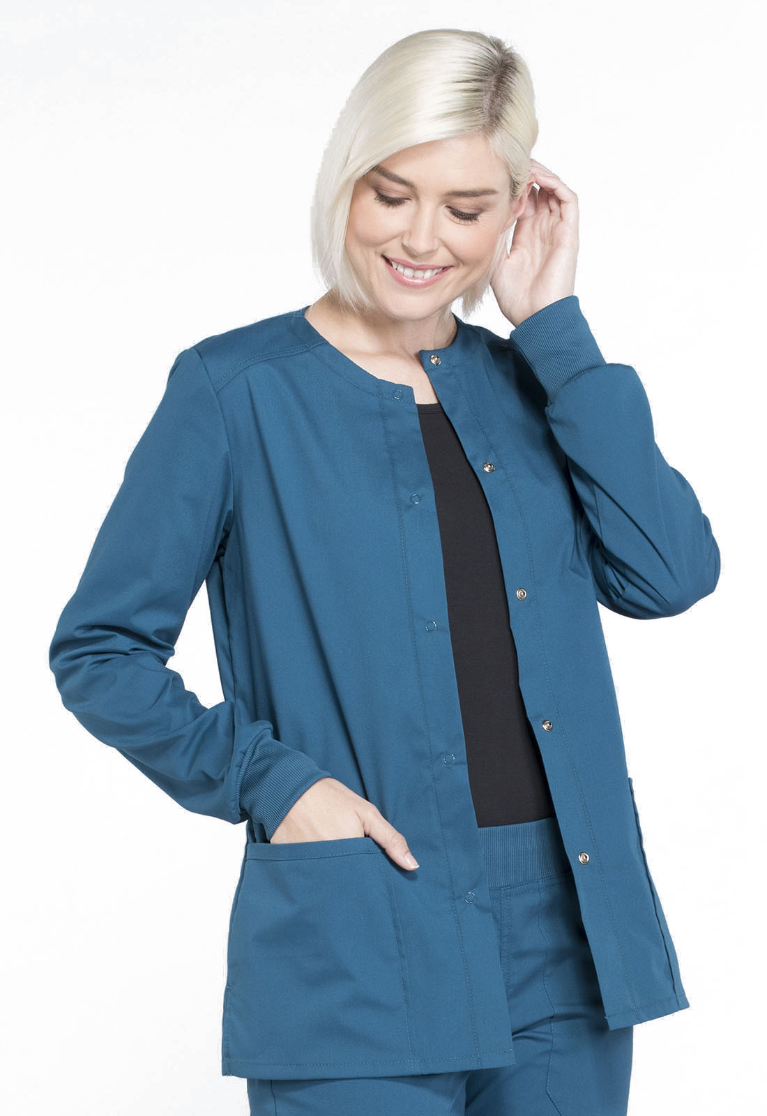 Professionals WW340 Snap Front Jacket Caribbean Blue Model Image Left Side | Cherokee Workwear