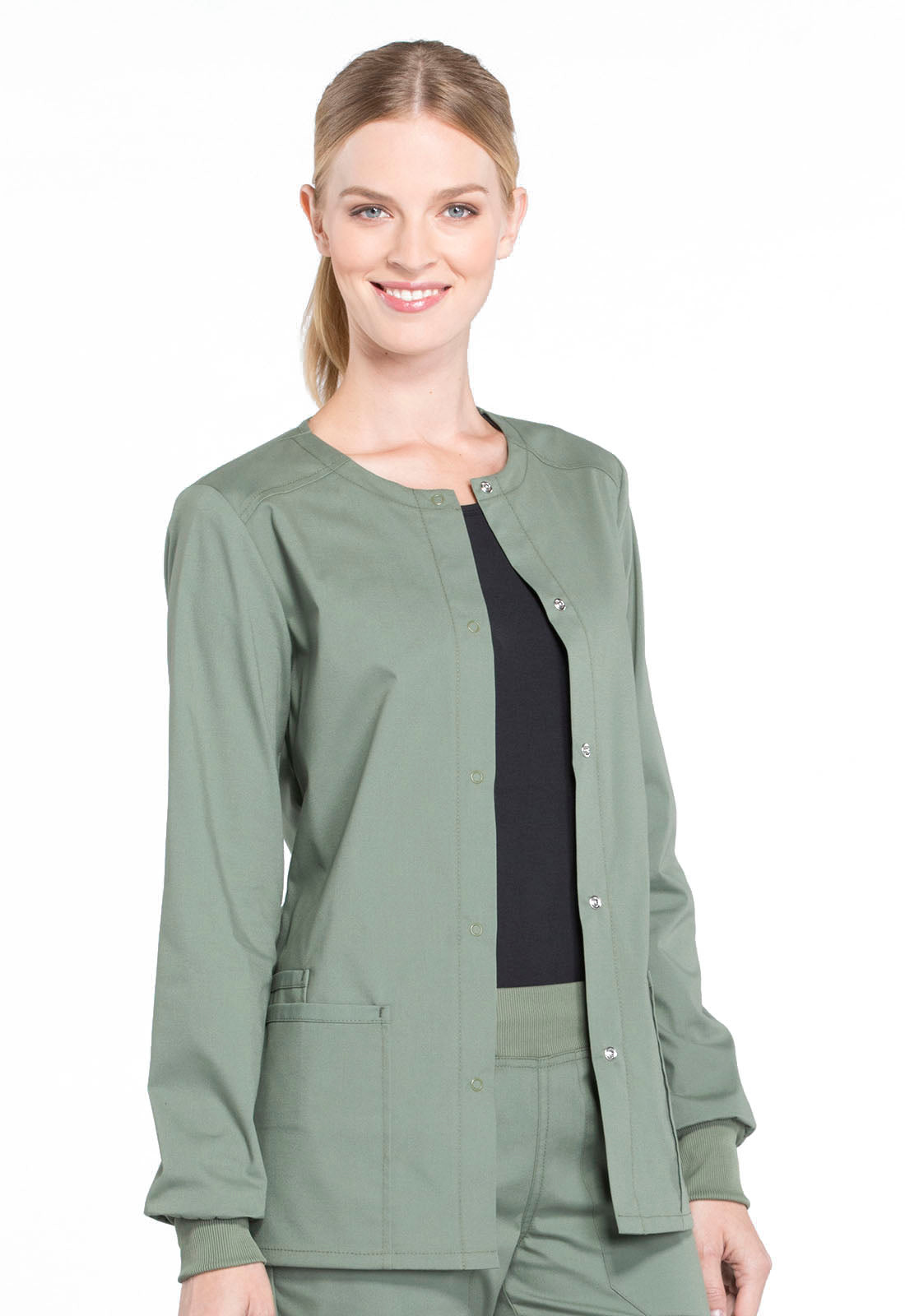 Professionals WW340 Snap Front Jacket Olive Model Image Left Side | Cherokee Workwear