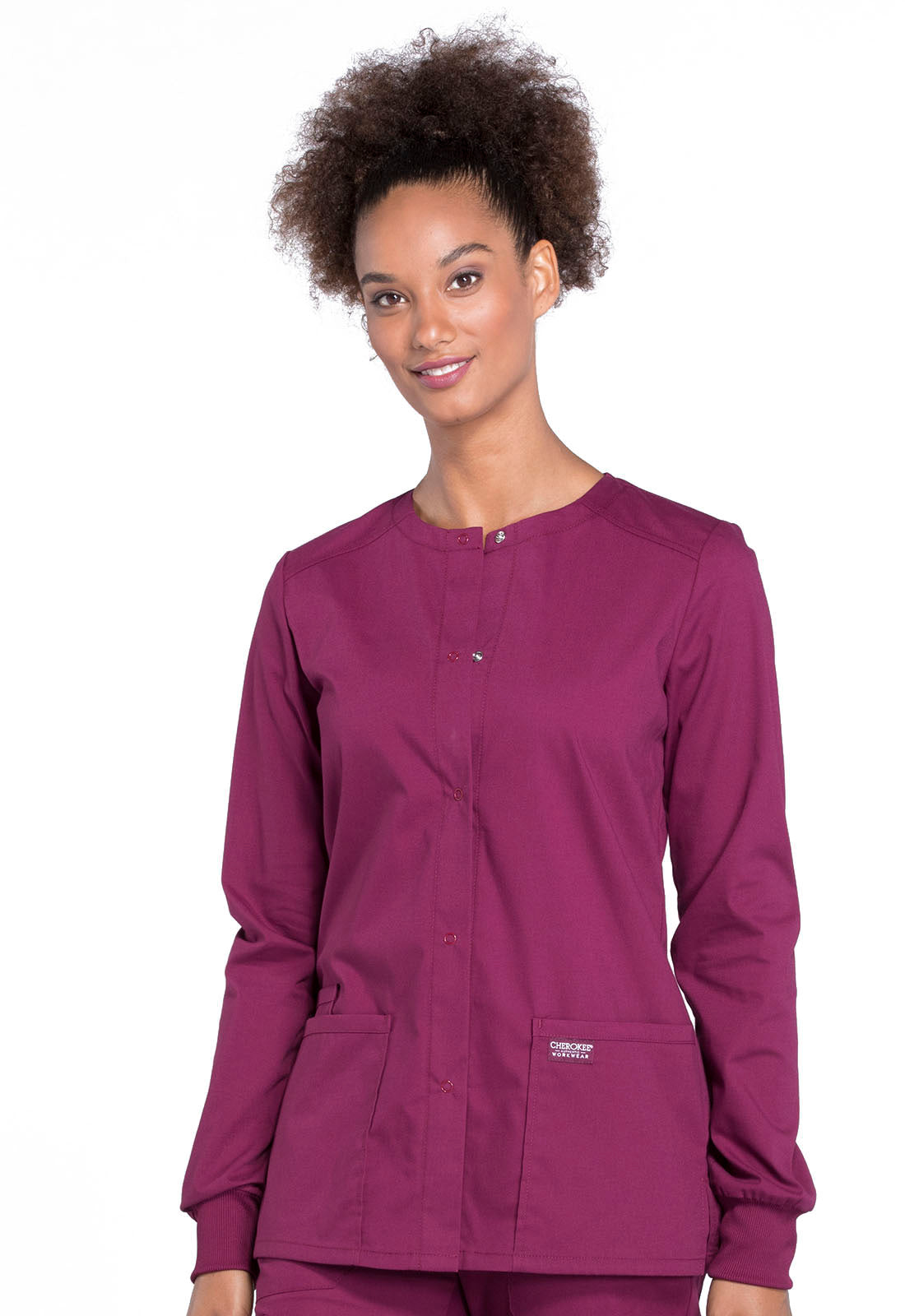 Professionals WW340 Snap Front Jacket Wine Model Image Right Side | Cherokee Workwear