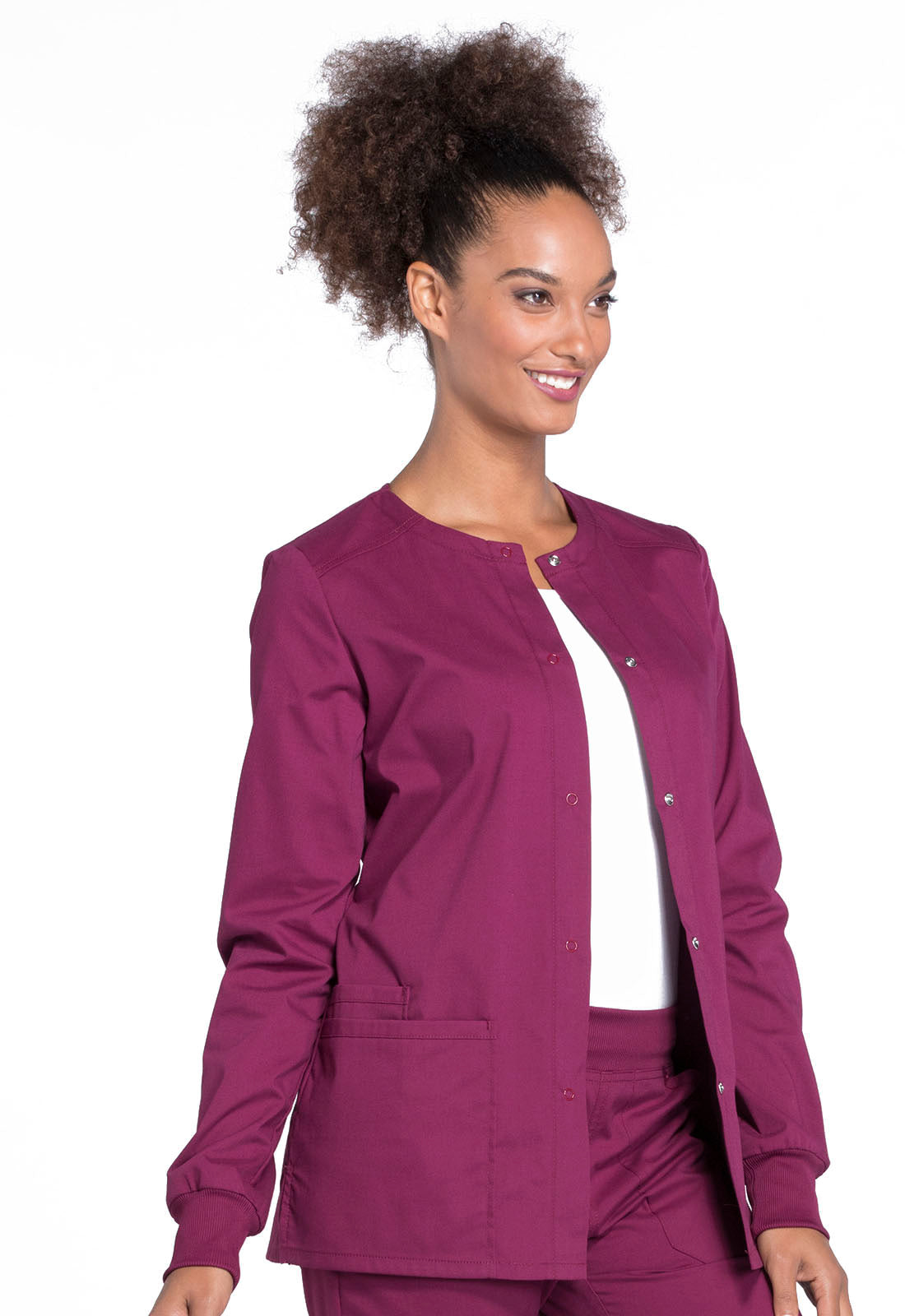 Professionals WW340 Snap Front Jacket Wine Model Image Left Side | Cherokee Workwear