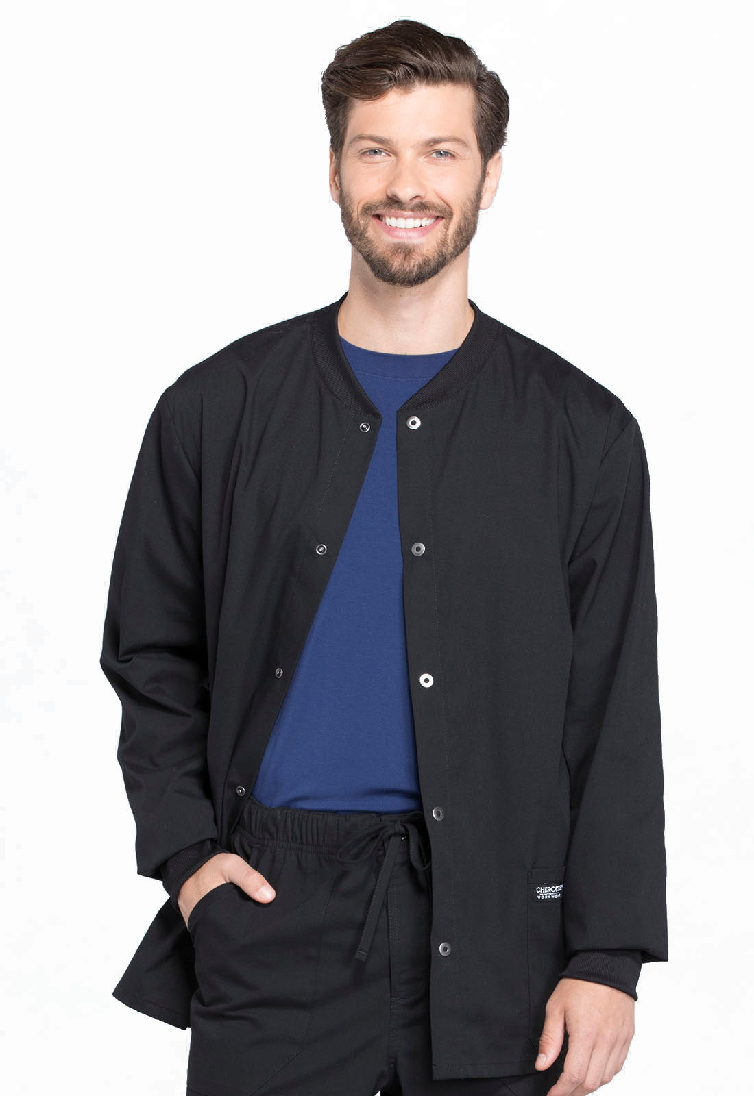 Professionals WW360 Men's Snap Front Jacket Black Model Image Front | Cherokee Workwear