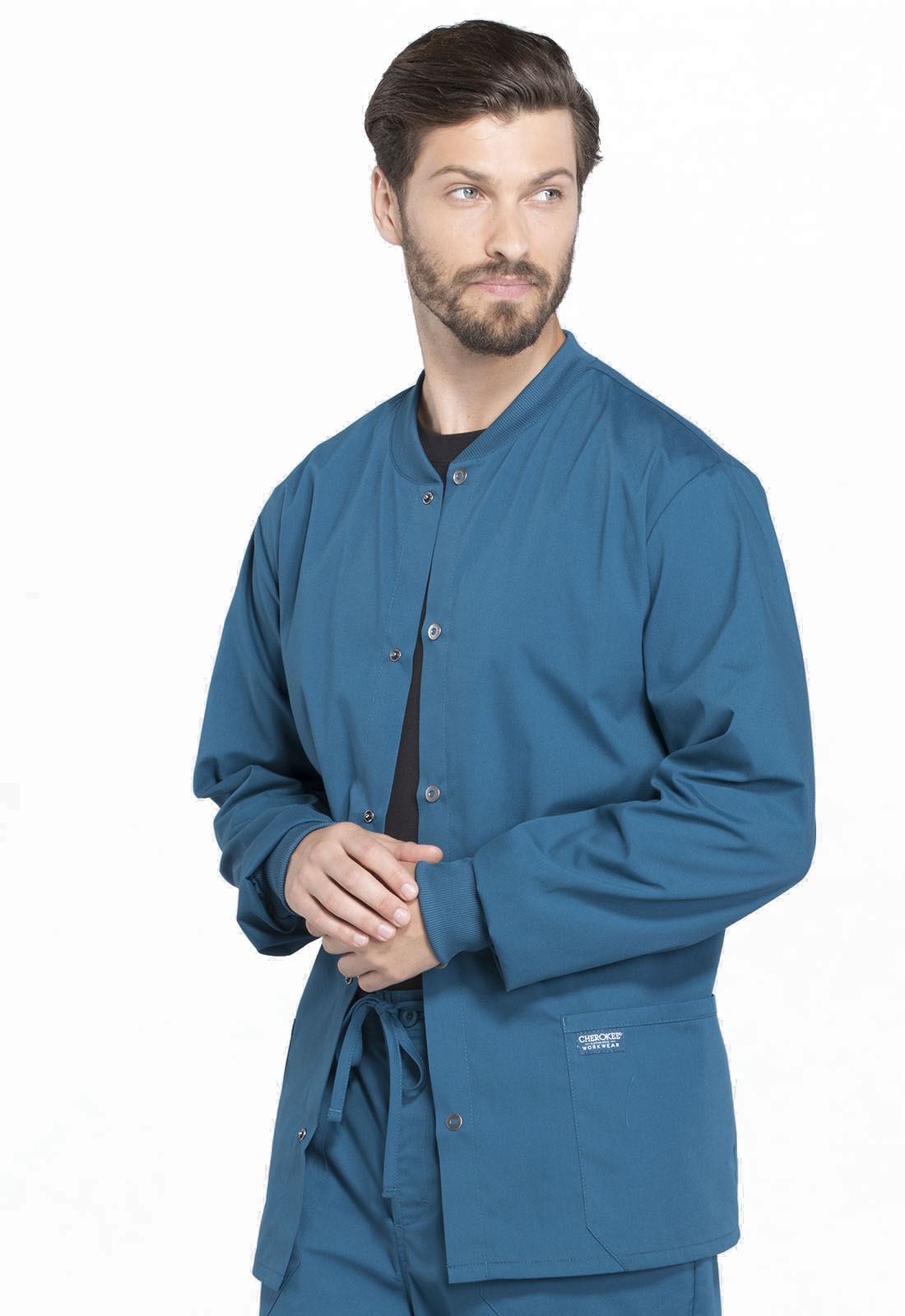 Professionals WW360 Men's Snap Front Jacket Caribbean Blue Model Image Right Side | Cherokee Workwear