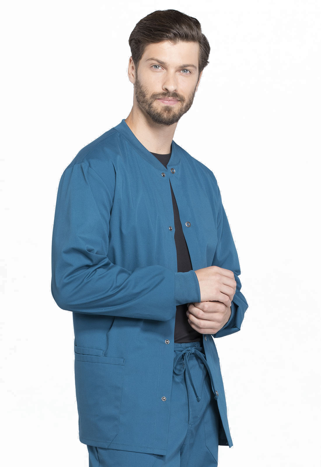 Professionals WW360 Men's Snap Front Jacket Caribbean Blue Model Image Left Side | Cherokee Workwear