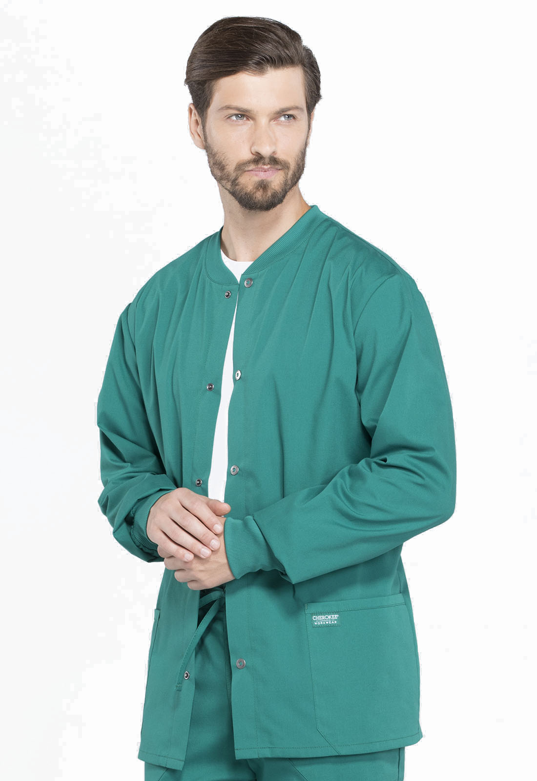 Professionals WW360 Men's Snap Front Jacket Hunter Green Model Image Right Side | Cherokee Workwear