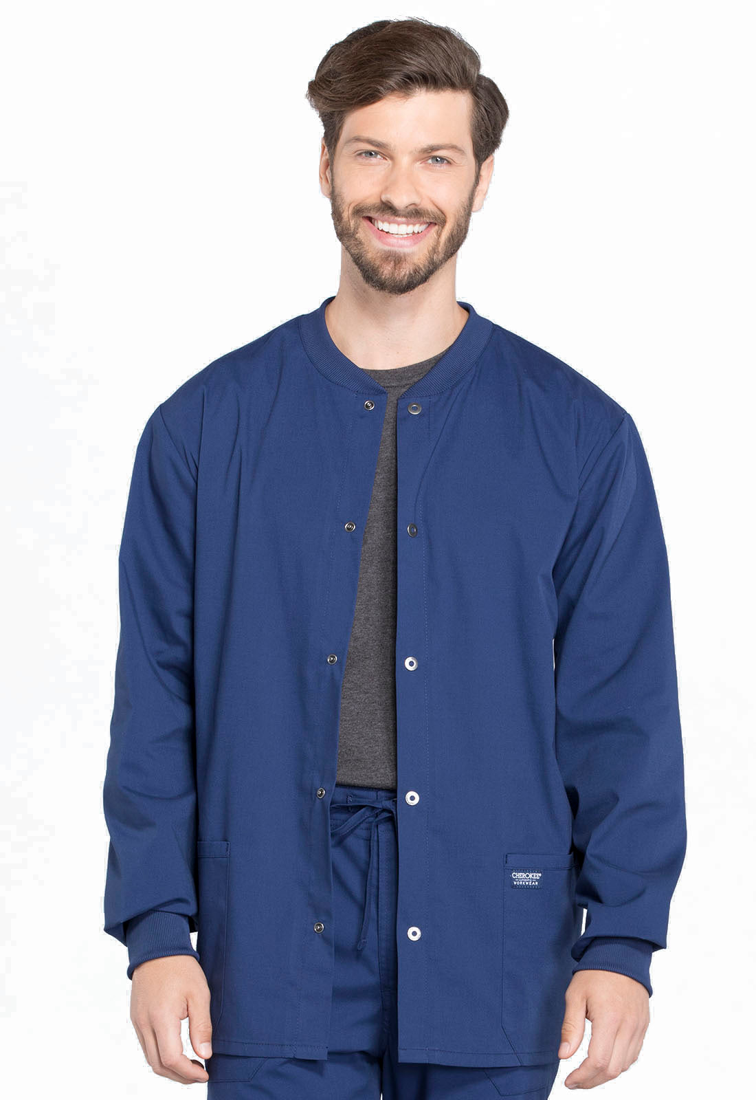 Professionals WW360 Men's Snap Front Jacket Navy Model Image Front | Cherokee Workwear