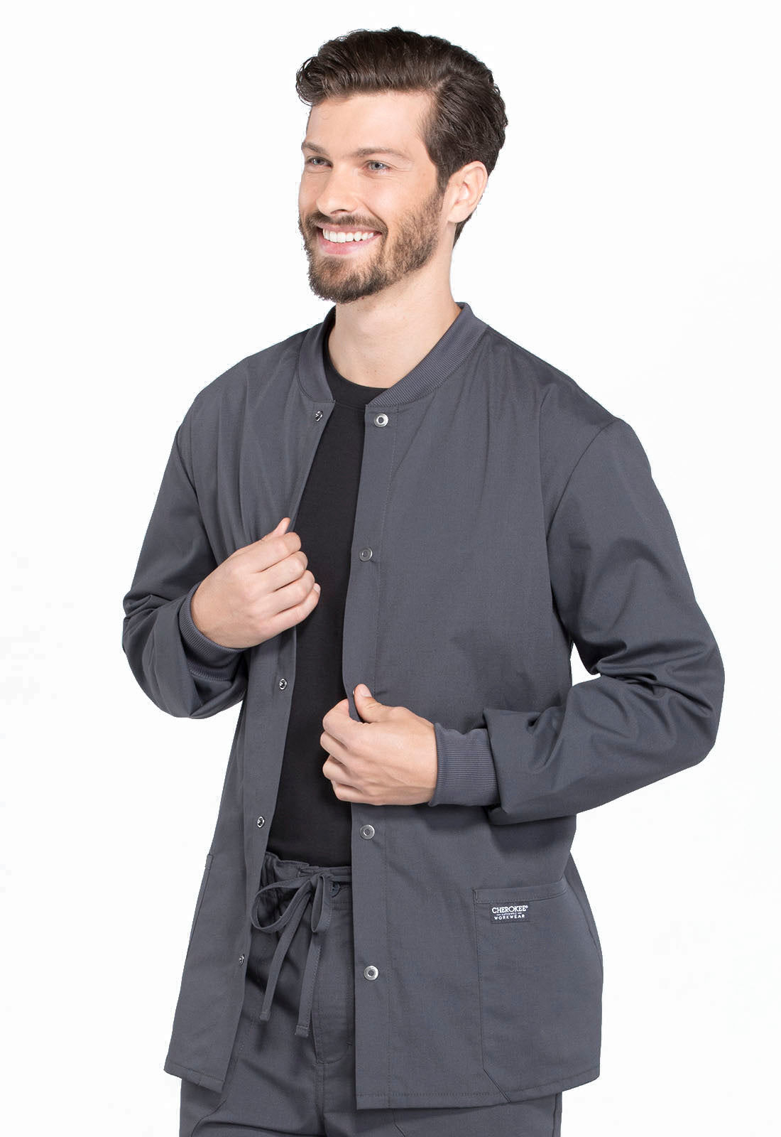 Professionals WW360 Men's Snap Front Jacket Pewter Model Image Right Side | Cherokee Workwear