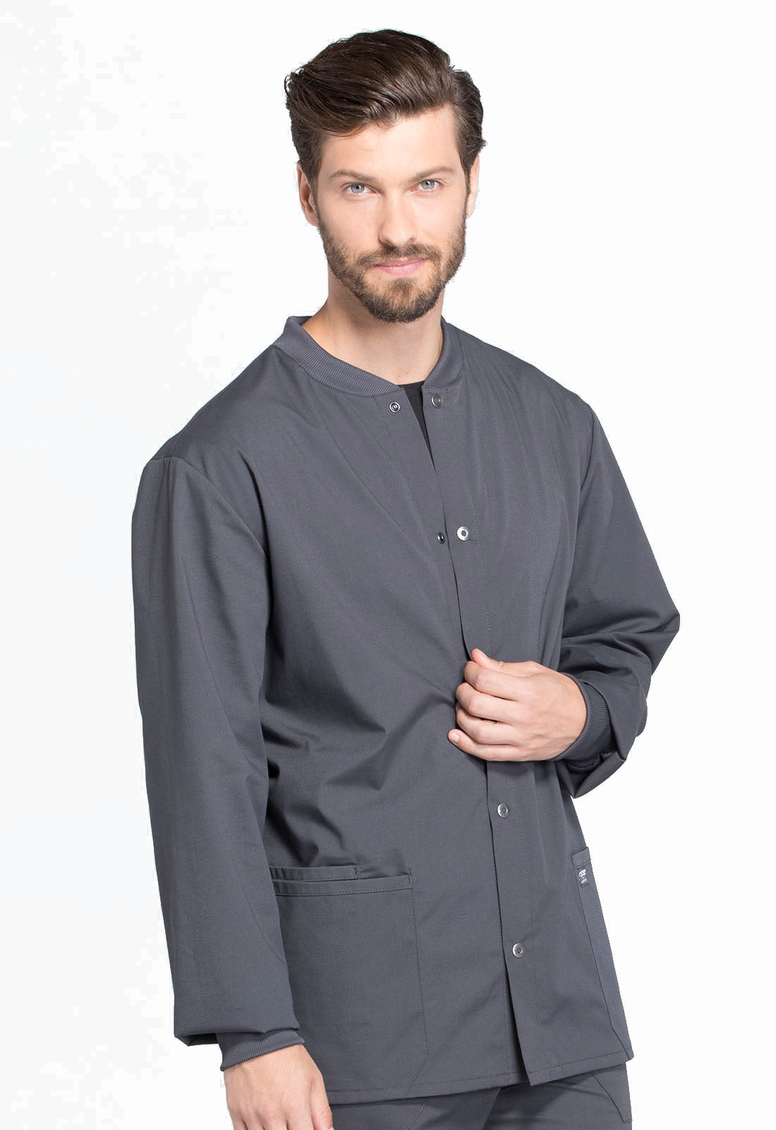 Professionals WW360 Men's Snap Front Jacket Pewter Model Image Left Side | Cherokee Workwear