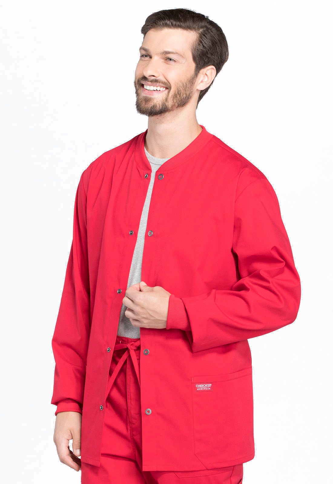 Professionals WW360 Men's Snap Front Jacket Red Model Image Right Side | Cherokee Workwear