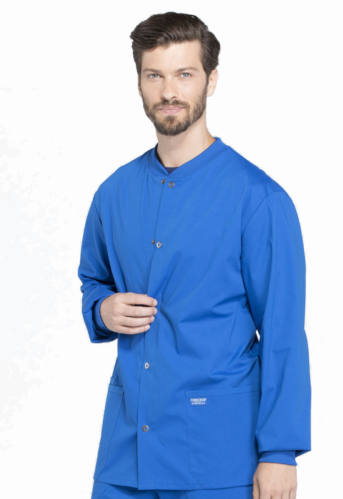 Professionals WW360 Men's Snap Front Jacket Royal Model Image Right Side | Cherokee Workwear