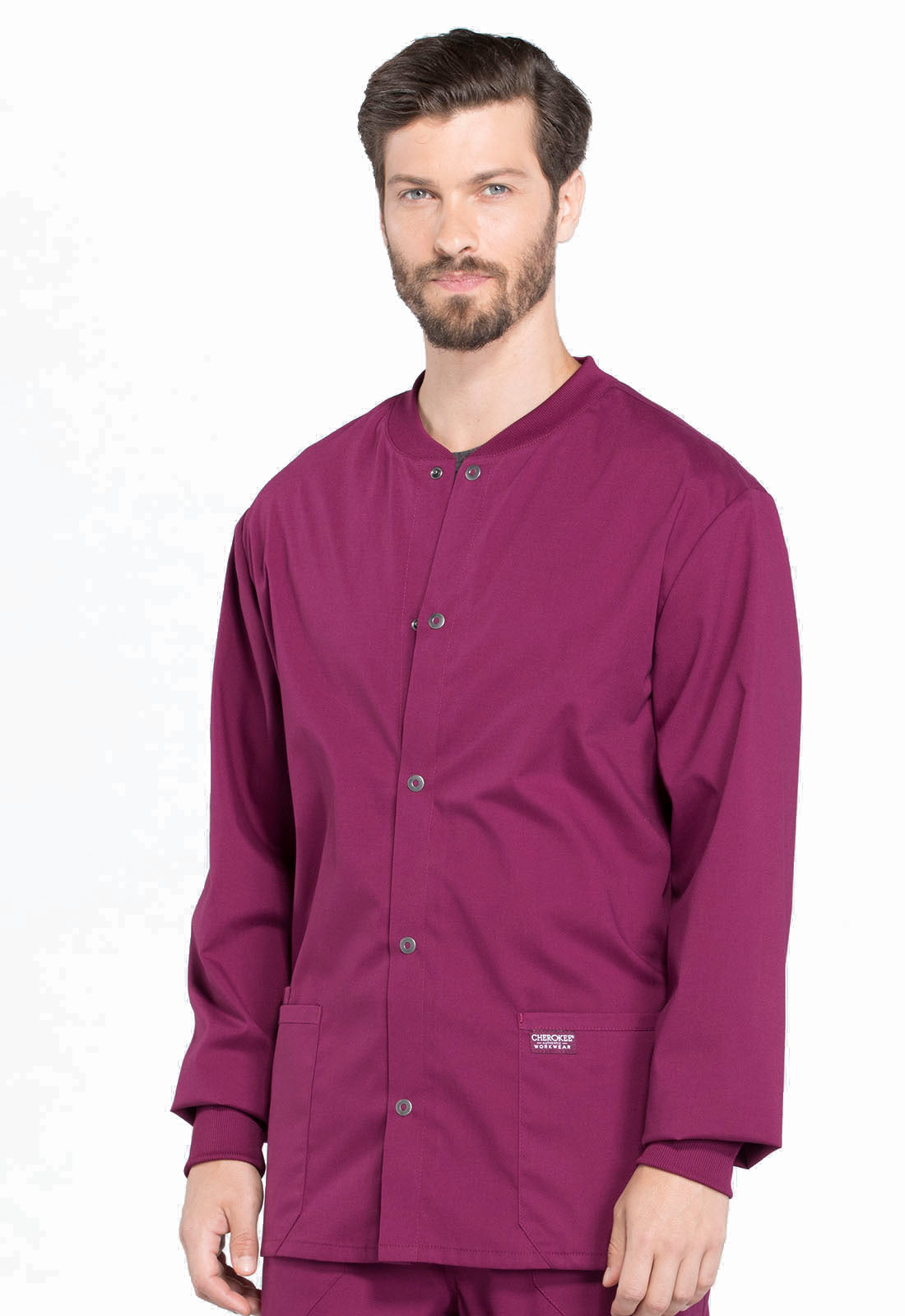 Professionals WW360 Men's Snap Front Jacket Wine Model Image Right Side | Cherokee Workwear