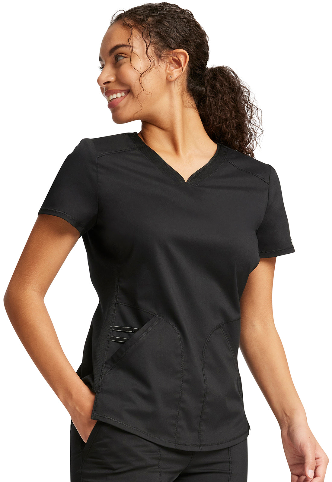 Revolution WW601 V-Neck Top Black Model Image Right Side | Cherokee Workwear