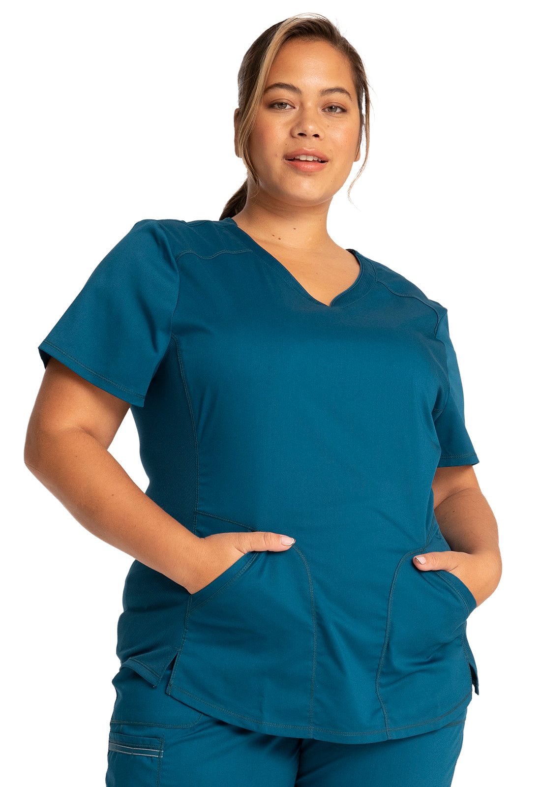 Revolution WW601 V-Neck Top Caribbean Blue Model Image Front | Cherokee Workwear