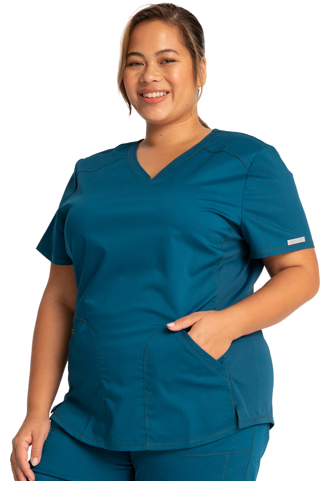 Revolution WW601 V-Neck Top Caribbean Blue Model Image Right Side | Cherokee Workwear