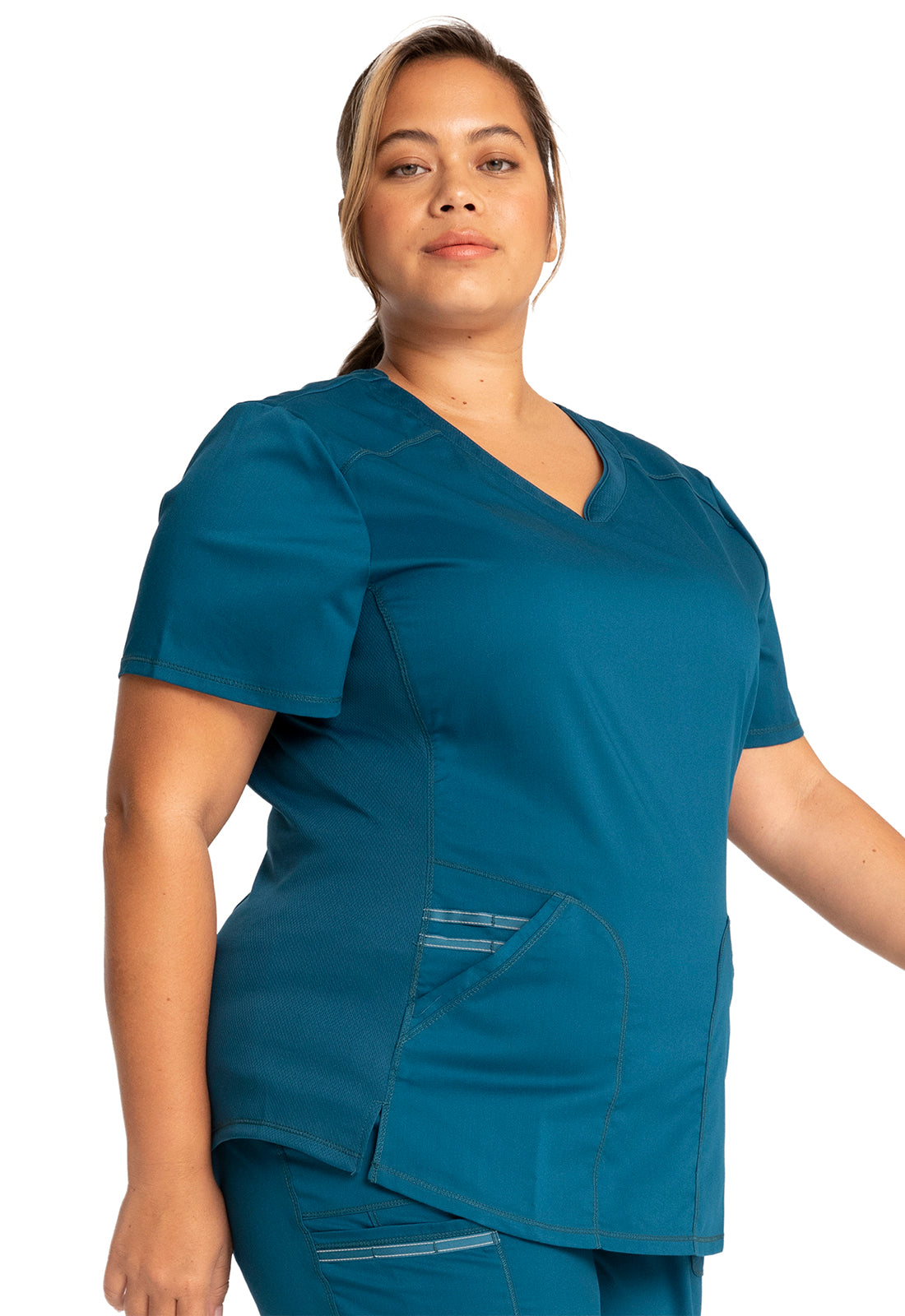 Revolution WW601 V-Neck Top Caribbean Blue Model Image Left Side | Cherokee Workwear