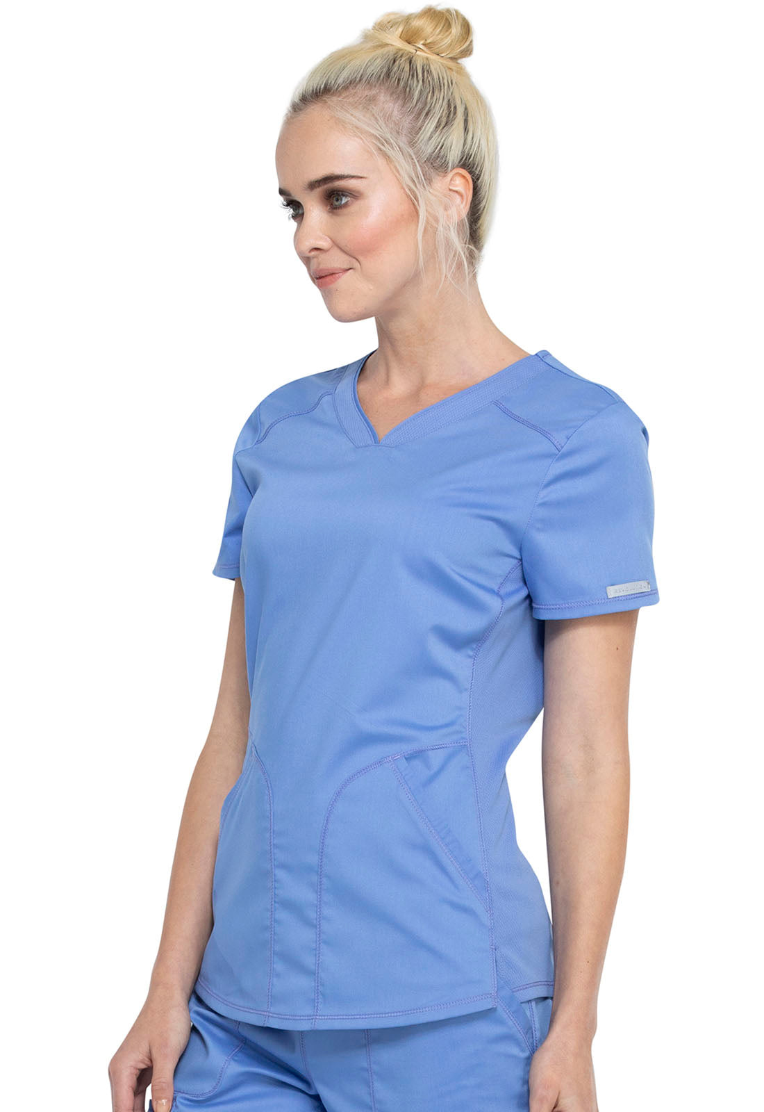 Revolution WW601 V-Neck Top Ciel Model Image Right Side | Cherokee Workwear