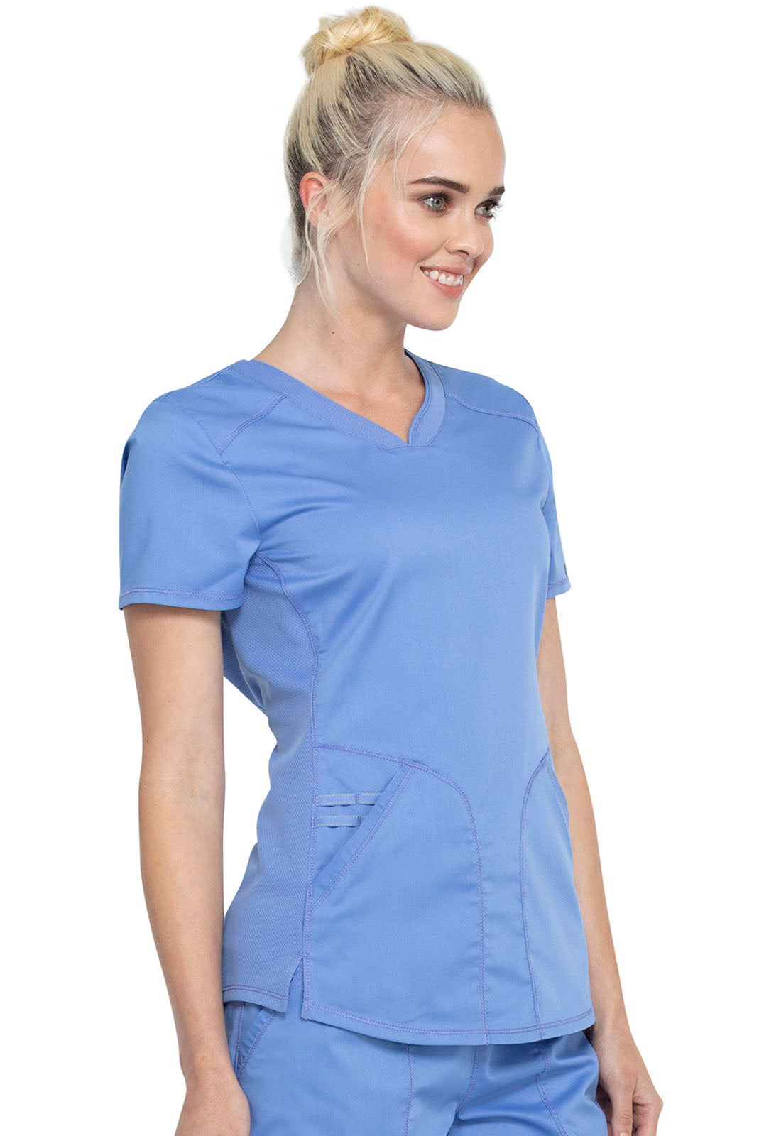 Revolution WW601 V-Neck Top Ciel Model Image Left Side | Cherokee Workwear