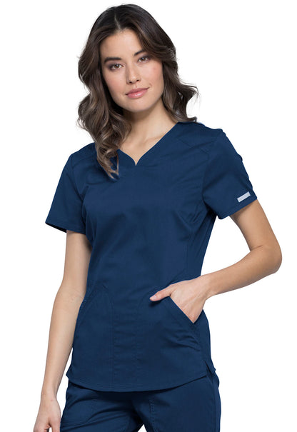 Revolution WW601 V-Neck Top Navy Model Image Right Side | Cherokee Workwear