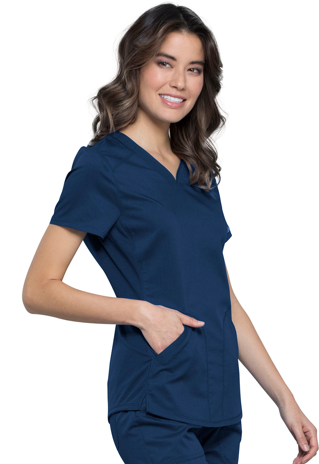 Revolution WW601 V-Neck Top Navy Model Image Left Side | Cherokee Workwear