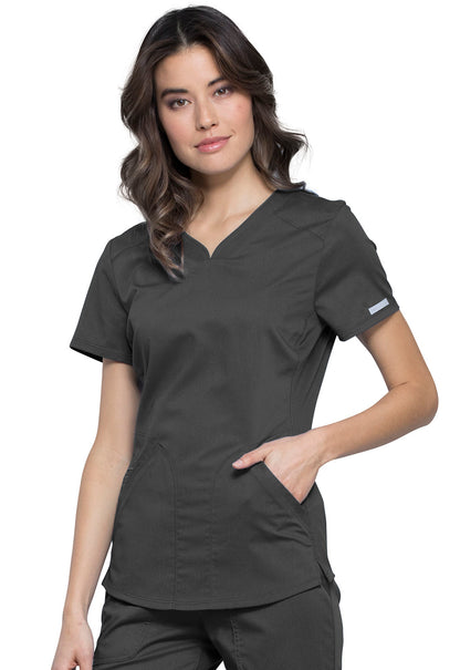 Revolution WW601 V-Neck Top Pewter Model Image Right Side | Cherokee Workwear