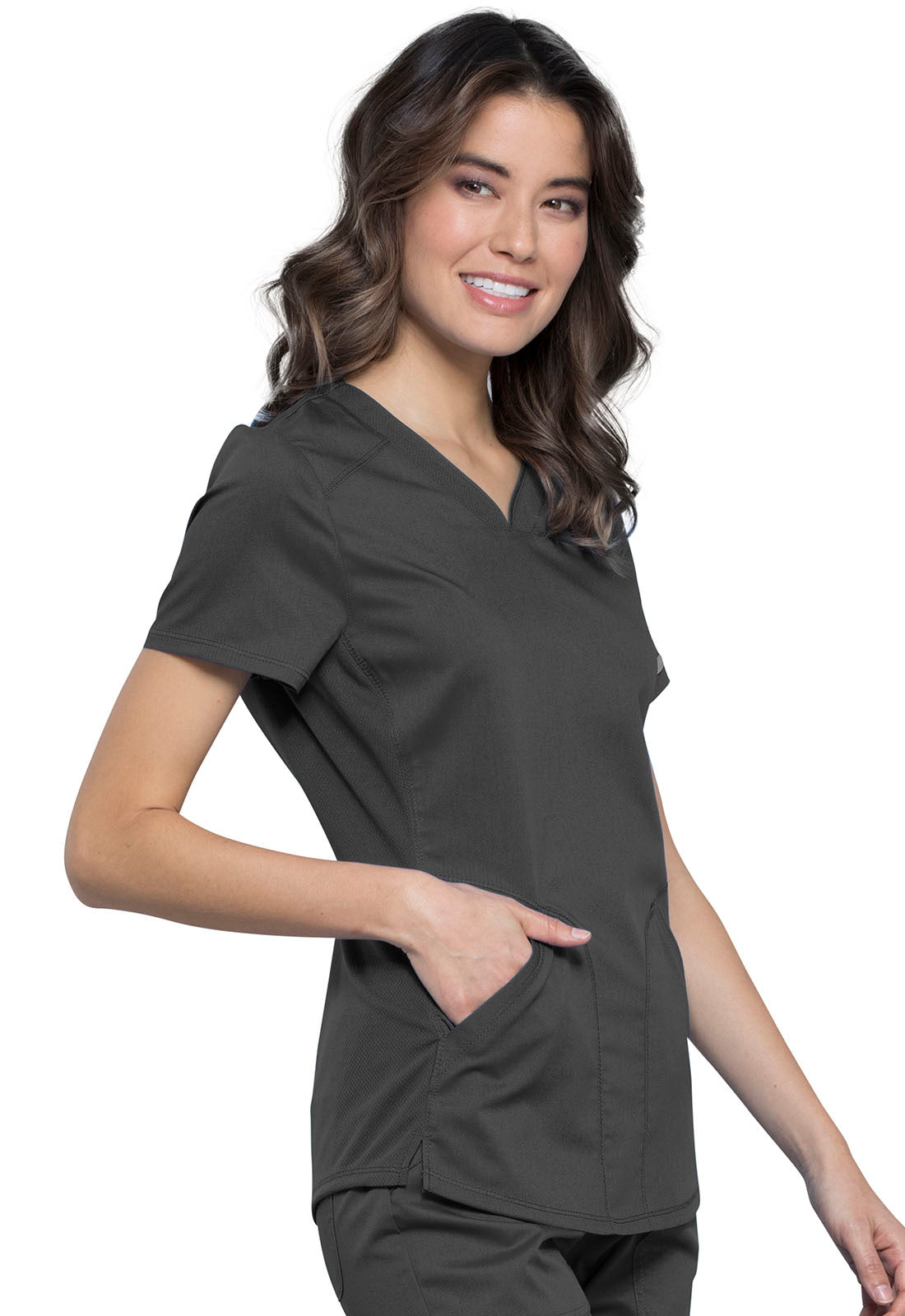 Revolution WW601 V-Neck Top Pewter Model Image Left Side | Cherokee Workwear