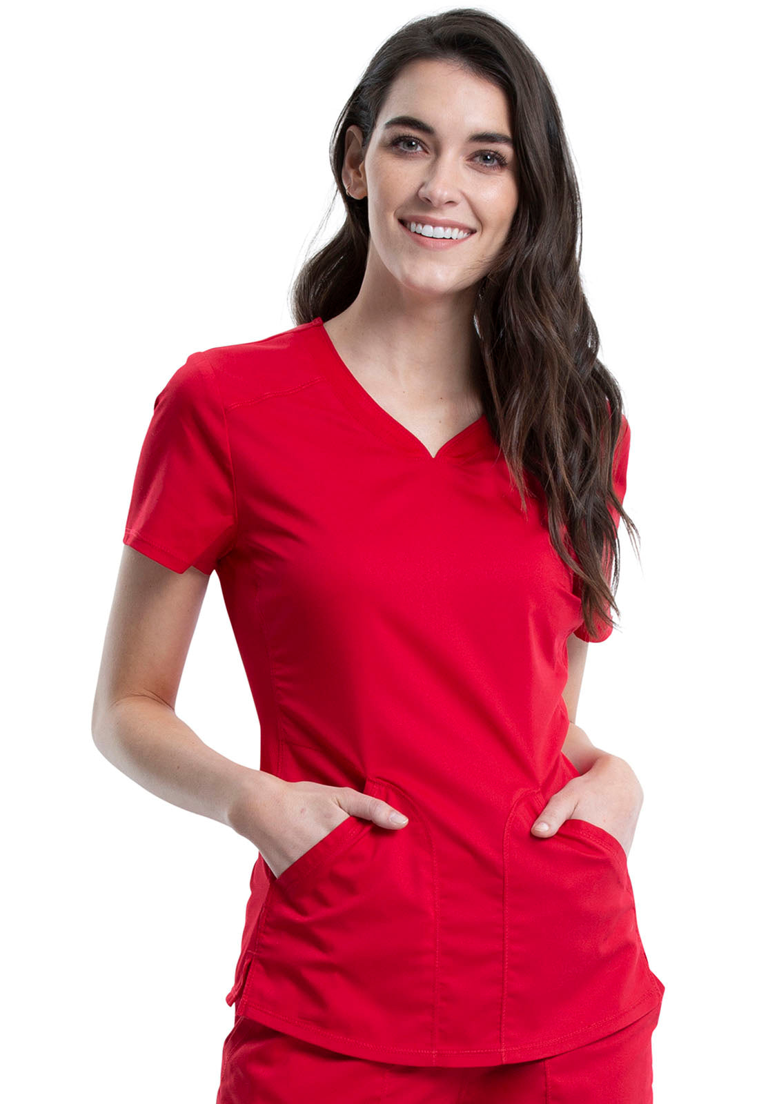 Revolution WW601 V-Neck Top Red Model Image Front | Cherokee Workwear