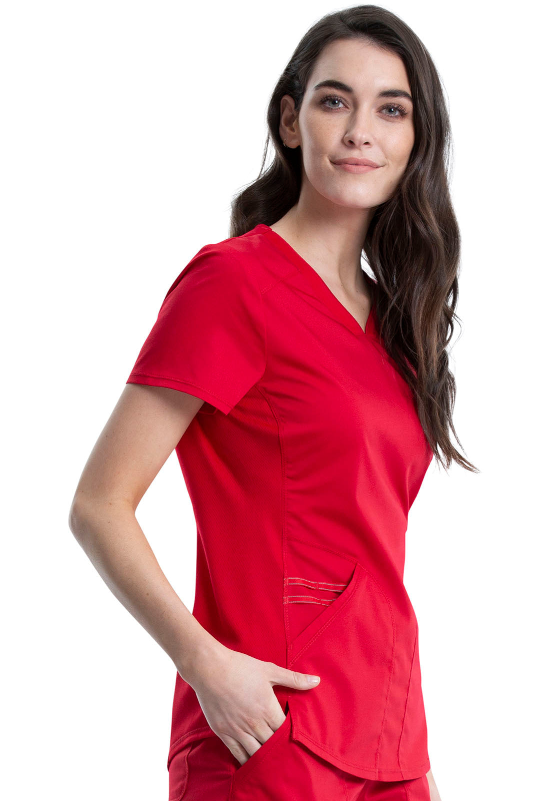 Revolution WW601 V-Neck Top Red Model Image Left Side | Cherokee Workwear