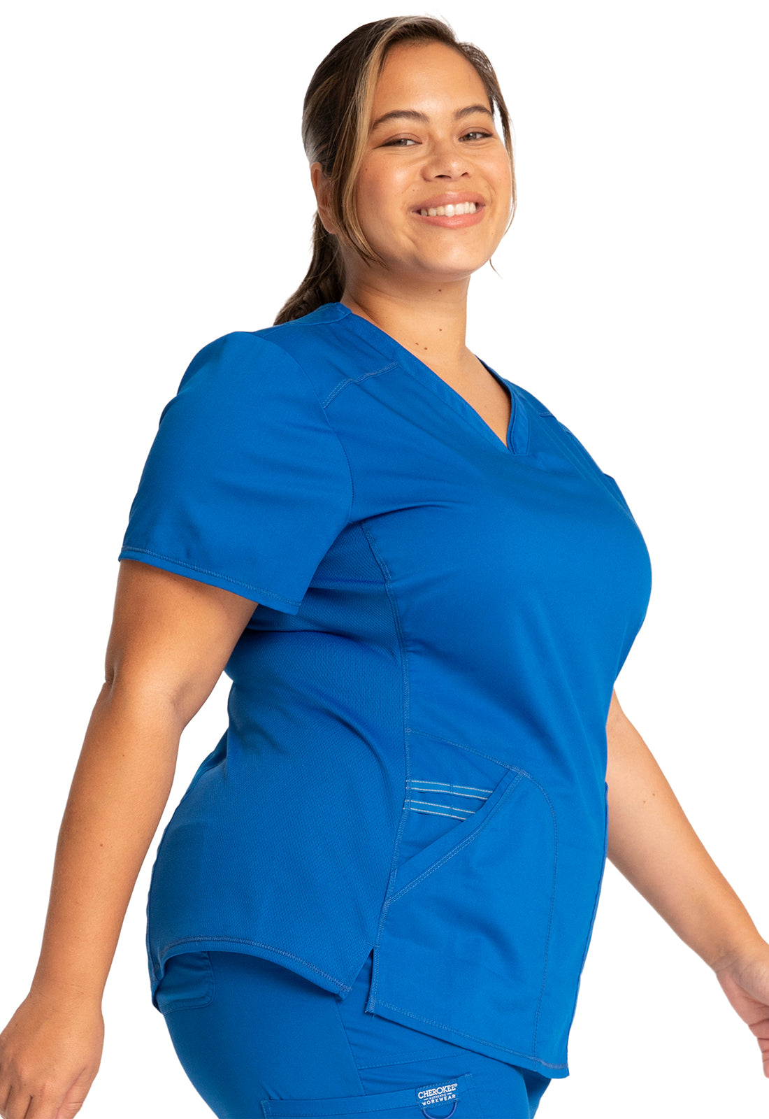 Revolution WW601 V-Neck Top Royal Model Image Left Side | Cherokee Workwear