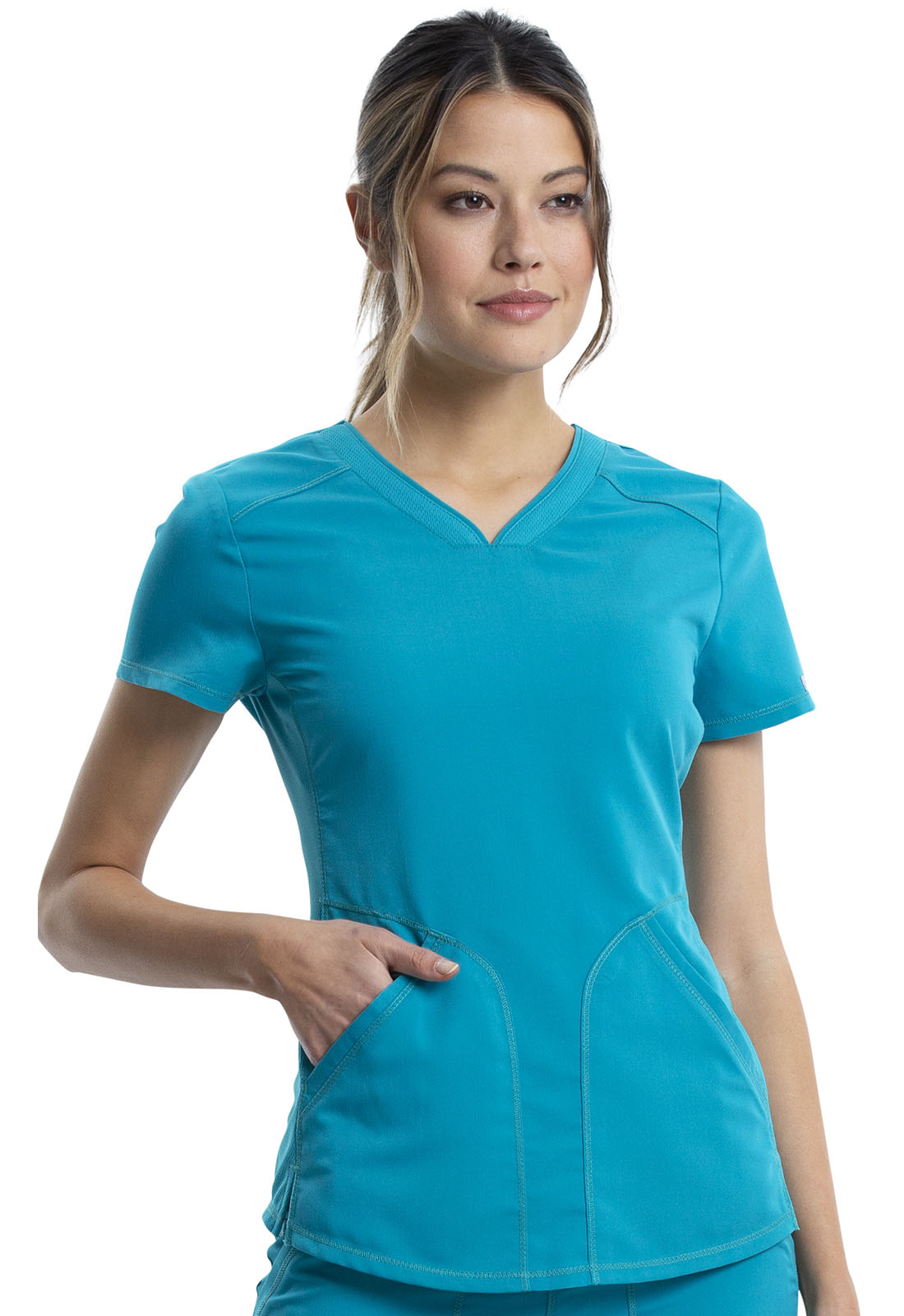 Revolution WW601 V-Neck Top Teal Blue Model Image Front | Cherokee Workwear