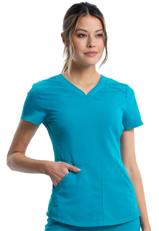 Revolution WW601 V-Neck Top Teal Blue Model Image Front | Cherokee Workwear