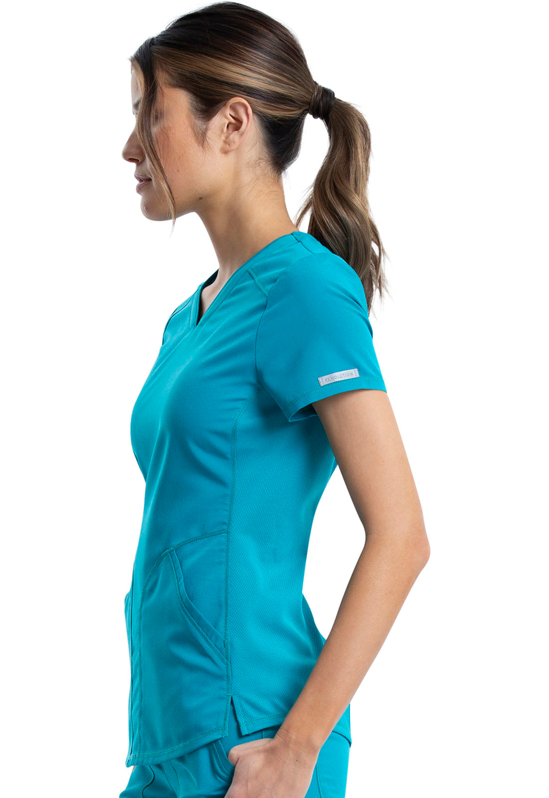 Revolution WW601 V-Neck Top Teal Blue Model Image Right Side | Cherokee Workwear