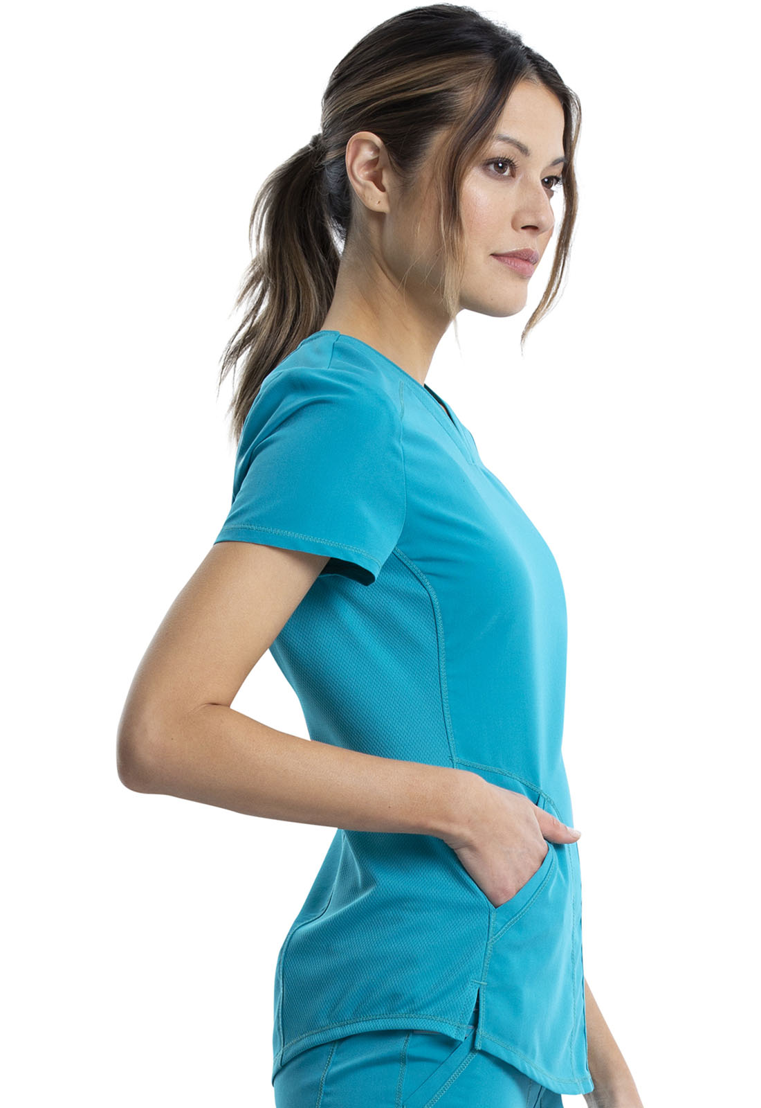 Revolution WW601 V-Neck Top Teal Blue Model Image Left Side | Cherokee Workwear