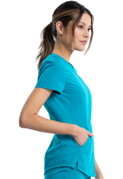 Revolution WW601 V-Neck Top Teal Blue Model Image Left Side | Cherokee Workwear