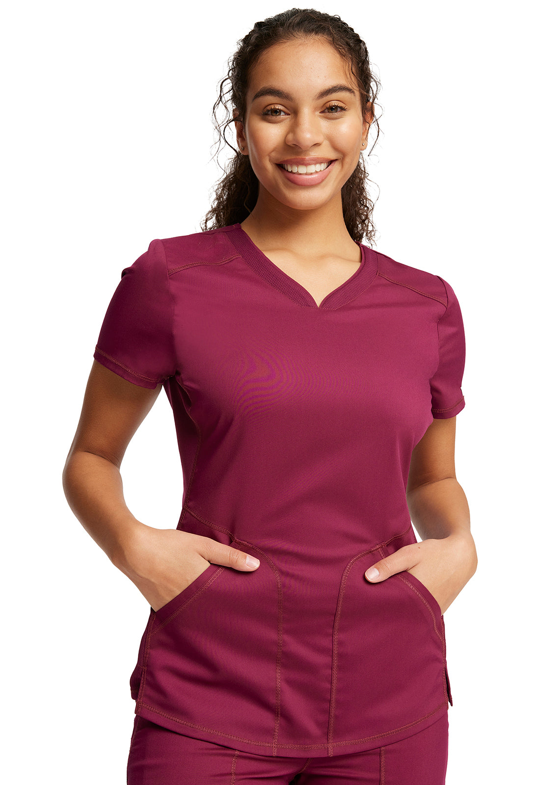 Revolution WW601 V-Neck Top Wine Model Image Front | Cherokee Workwear