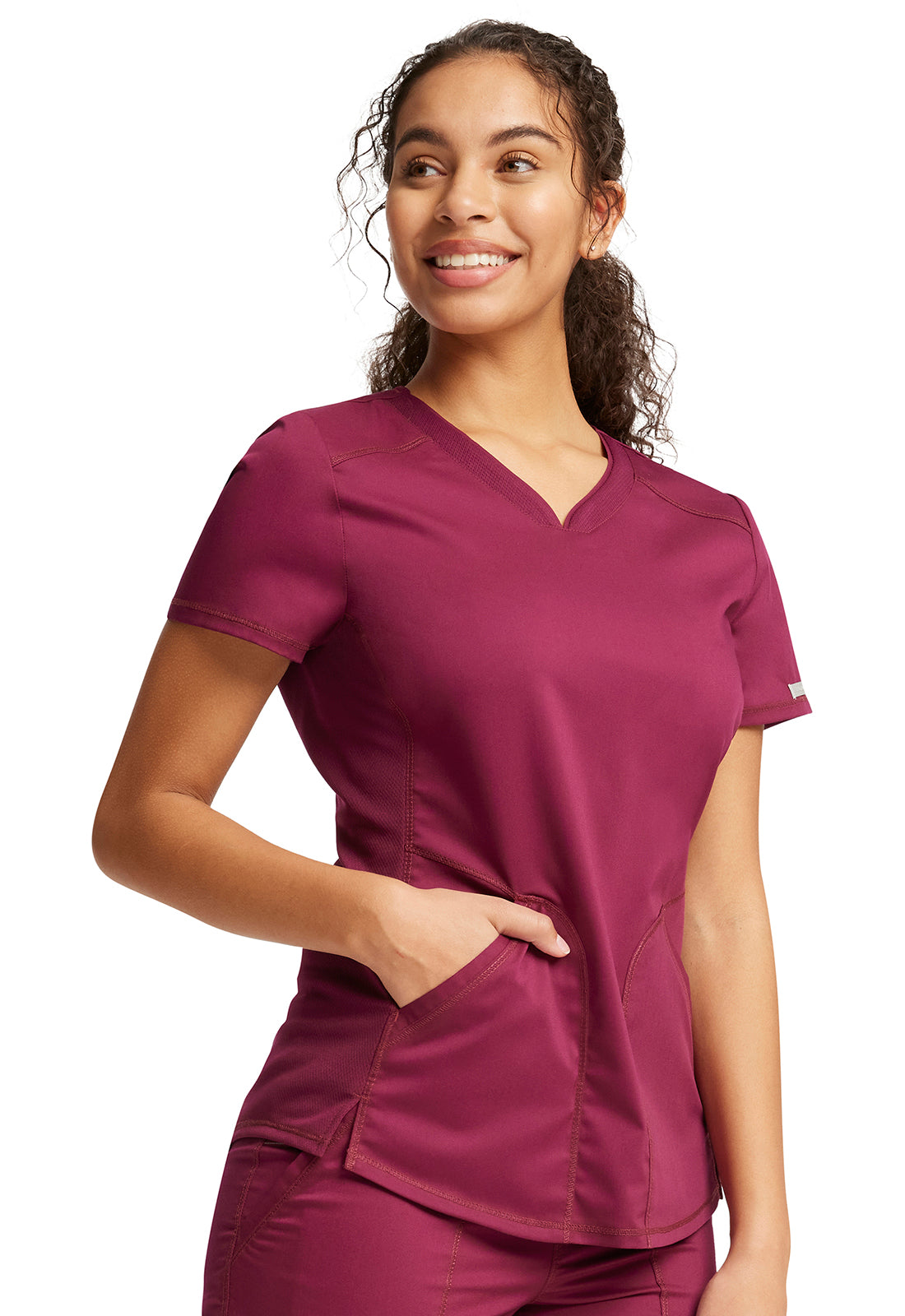 Revolution WW601 V-Neck Top Wine Model Image Left Side | Cherokee Workwear