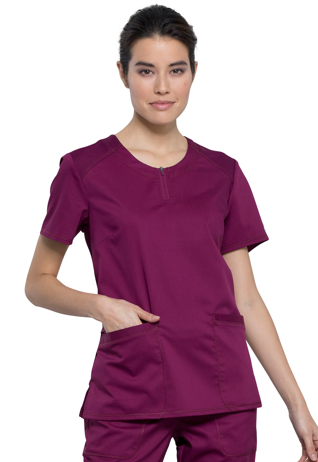 Revolution WW602 Round Neck Top Wine Model Image Front | Cherokee Workwear