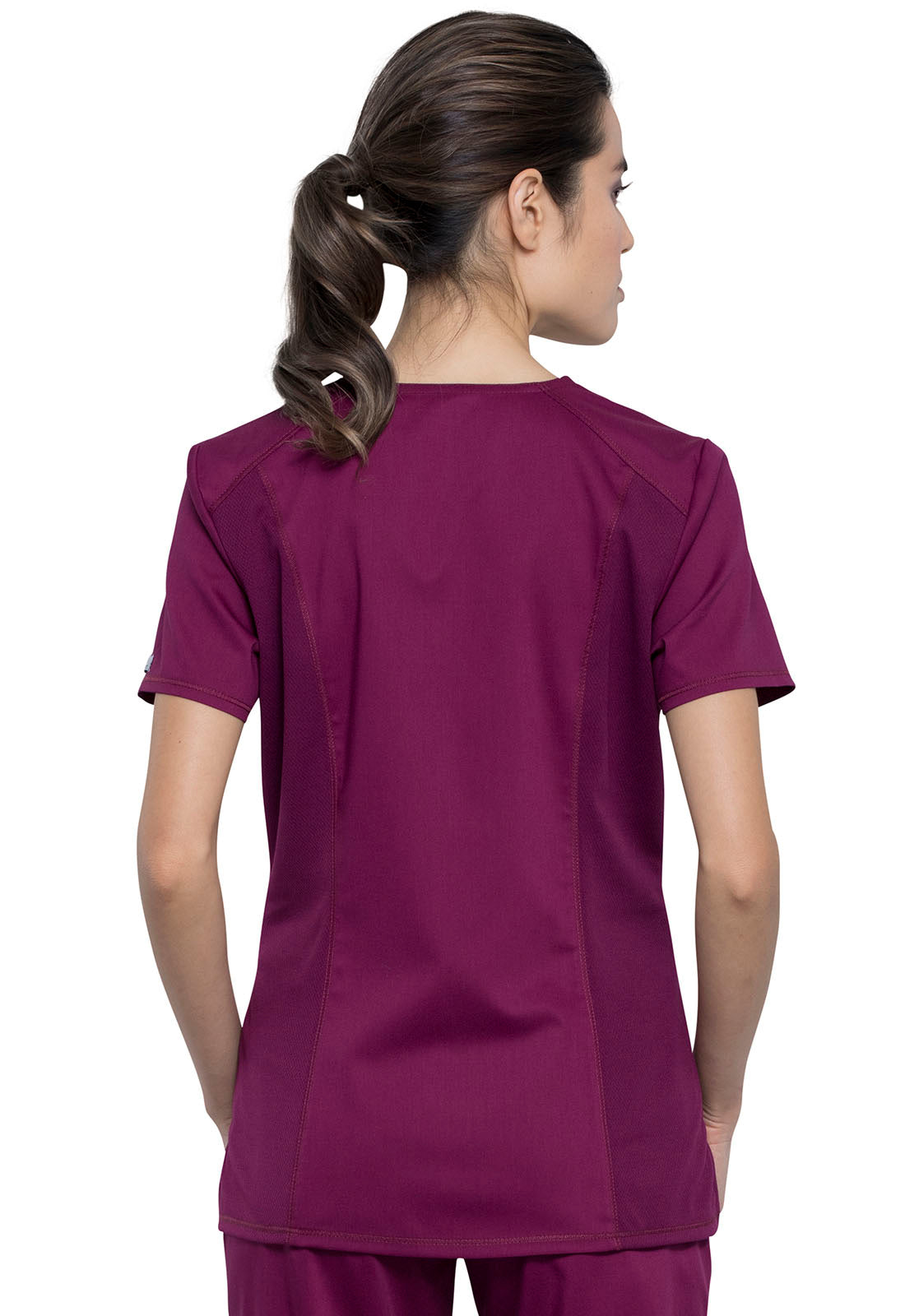 Revolution WW602 Round Neck Top Wine Model Image Back | Cherokee Workwear