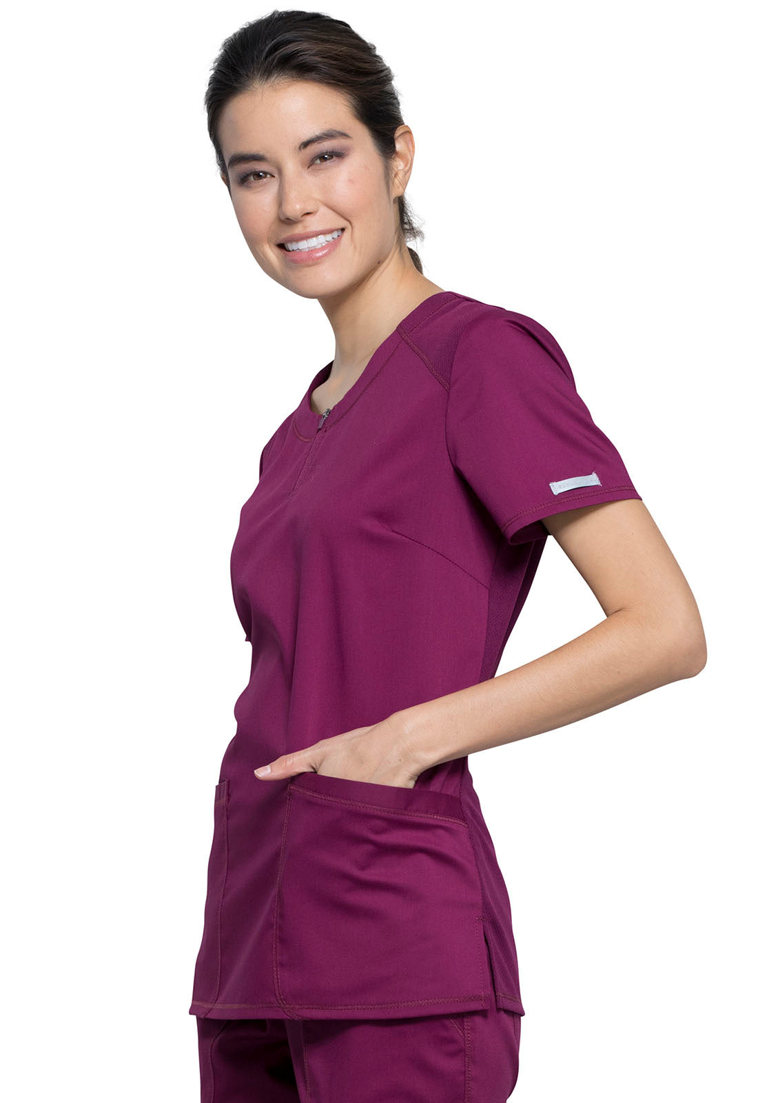 Revolution WW602 Round Neck Top Wine Model Image Right Side | Cherokee Workwear