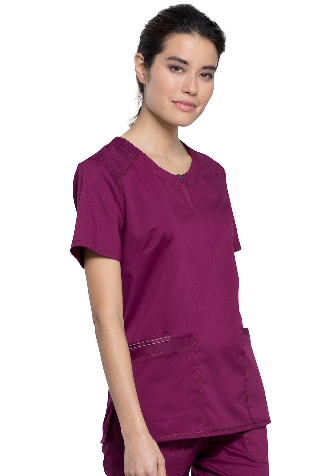 Revolution WW602 Round Neck Top Wine Model Image Left Side | Cherokee Workwear