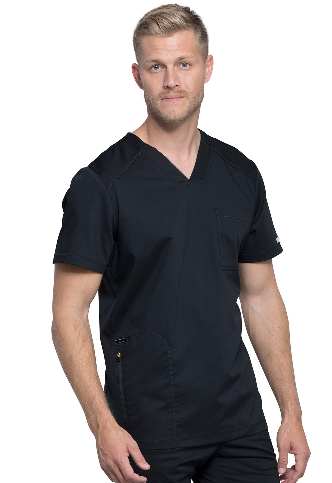 Revolution WW603 Men's V-Neck Top Black Model Image Left Side | Cherokee Workwear